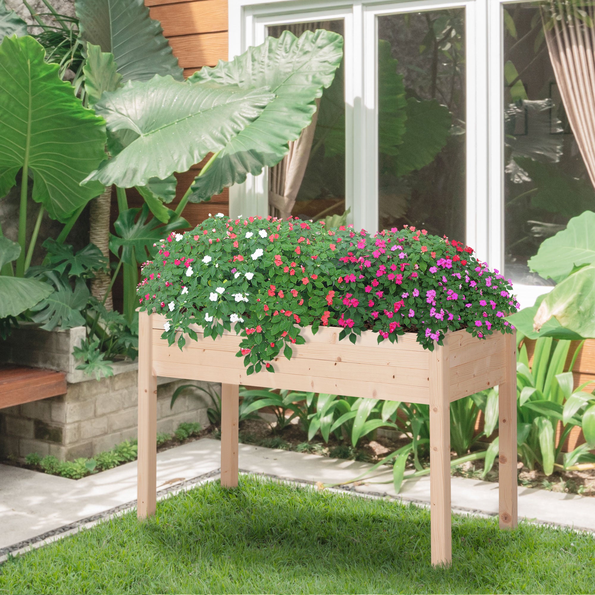 Garden Wooden Planters， Non-Woven Fabric, Rectangular Raised Bed,Fir Wood，Indoor/Outdoor, 122.5Lx56.5Wx76H cm