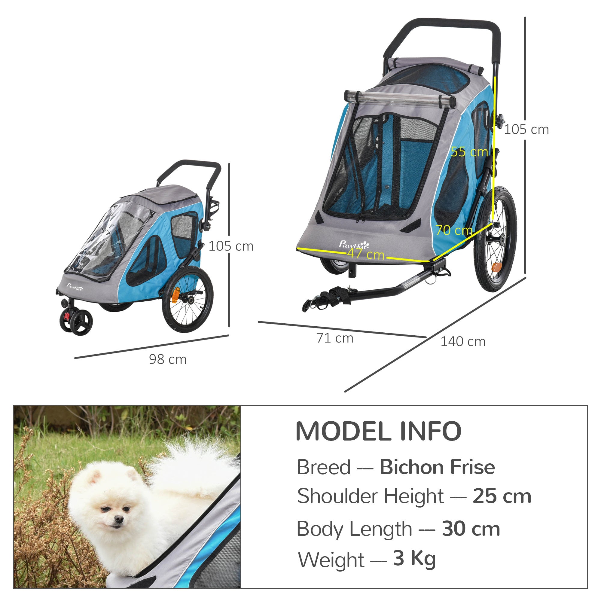 Dog Bike Trailer 2-IN-1 Steel Pet Cart Carrier for Bicycle with 360° Rotatable Front Wheel Reflectors Straps Cup Holder Water Resistant Blue