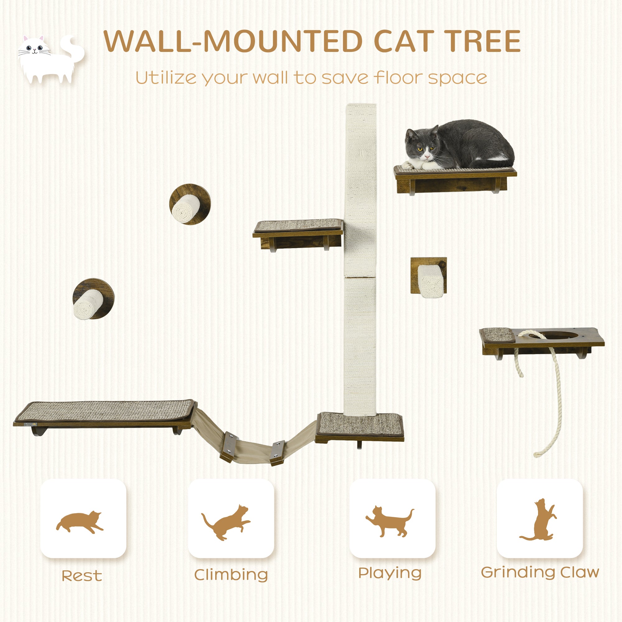 8Pcs Wall Mounted Cat Tree with Scratching Posts, Perches, Ladder, for Sleeping, Playing, Lounging, Brown