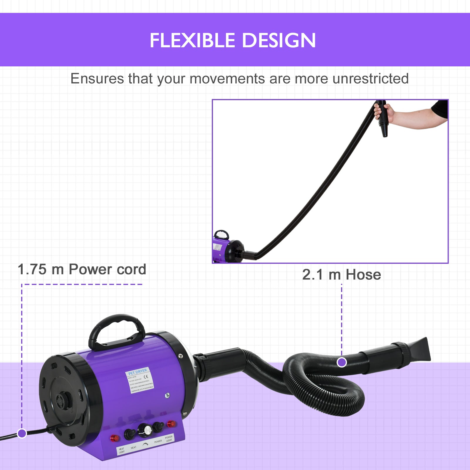 2800W Dog Hair Dryer Pet Grooming Blaster Water Blower Dryer w/ 3 Nozzles, Purple