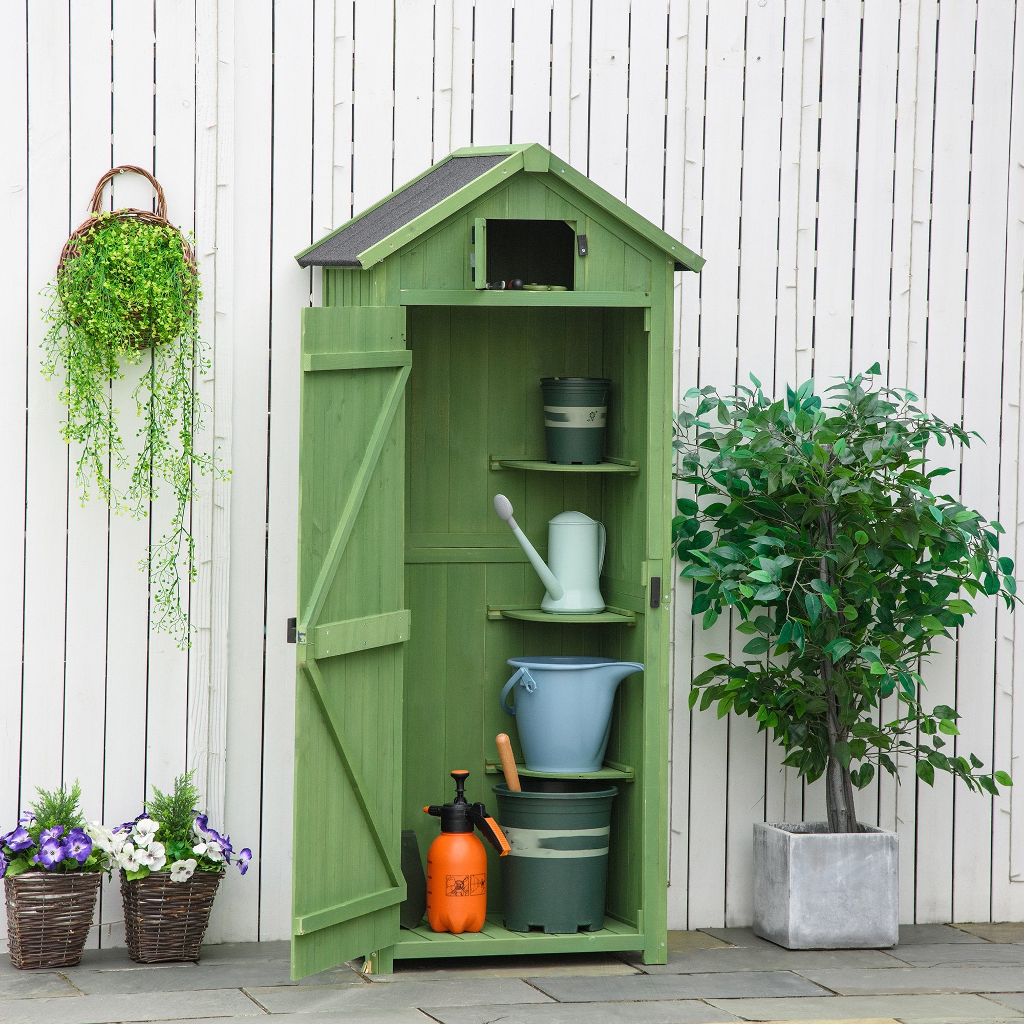 Garden Shed Vertical Utility 3 Shelves Shed Wood Outdoor Garden Tool Storage Unit Storage Cabinet, 77 x 54.2 x 179cm - Green