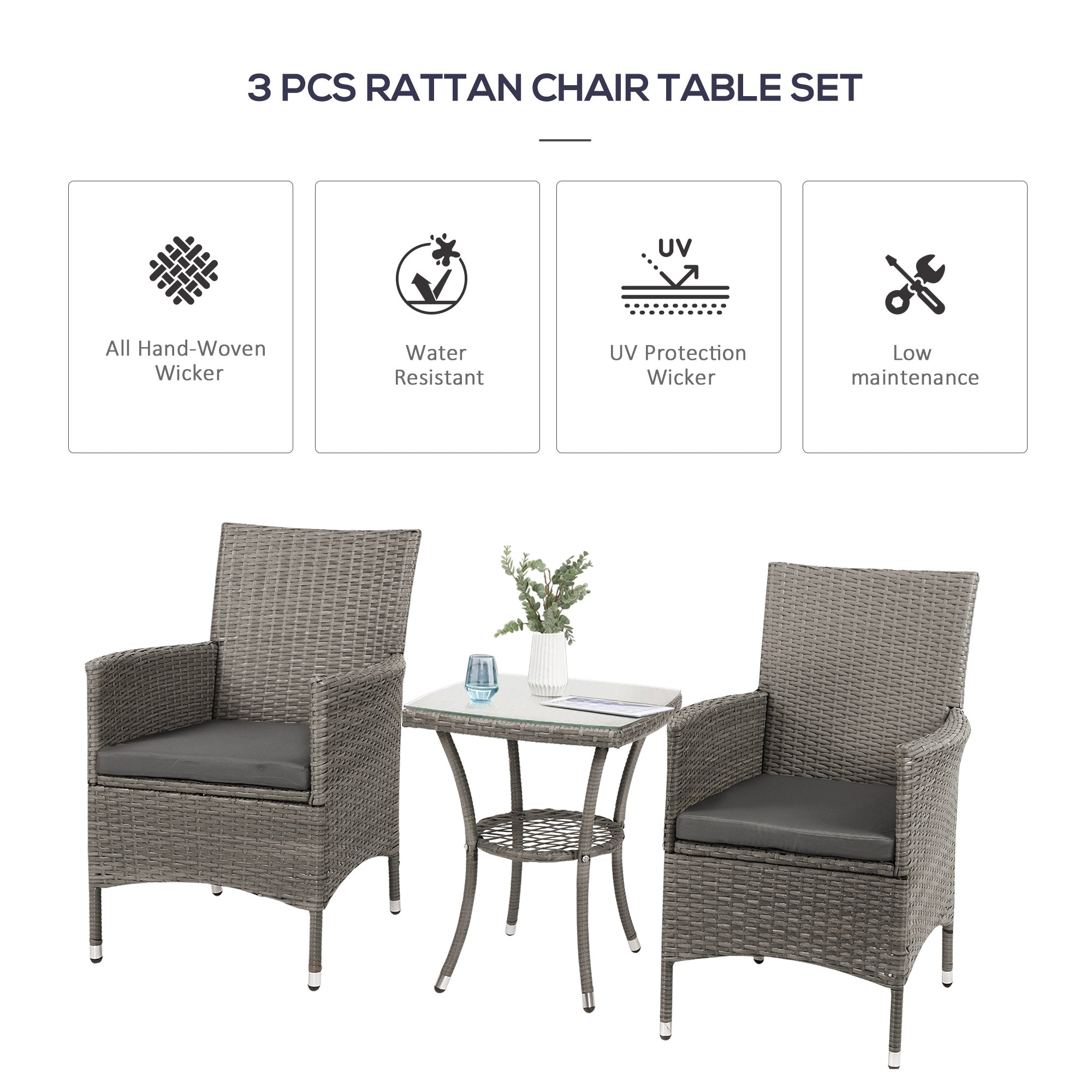 Three-Piece Rattan Bistro Set,with Cushions, Garden Furniture,Wicker Weave Conservatory Companion, Chair Table Set - Grey