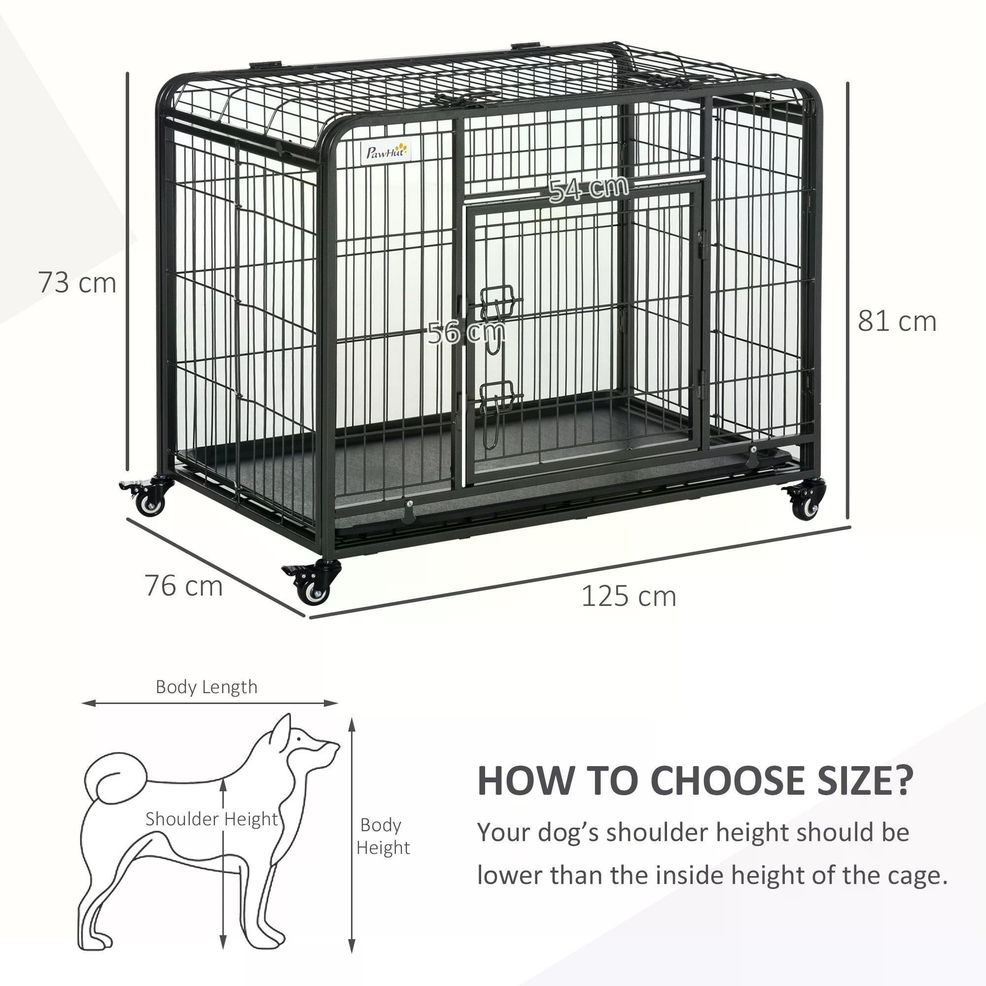 Heavy Duty Dog Crates Foldable Doge Kennel and Dog Cage Pet Playpen with Double Doors Removable Tray Lockable Wheels 125cm x 76cm x 81cm.