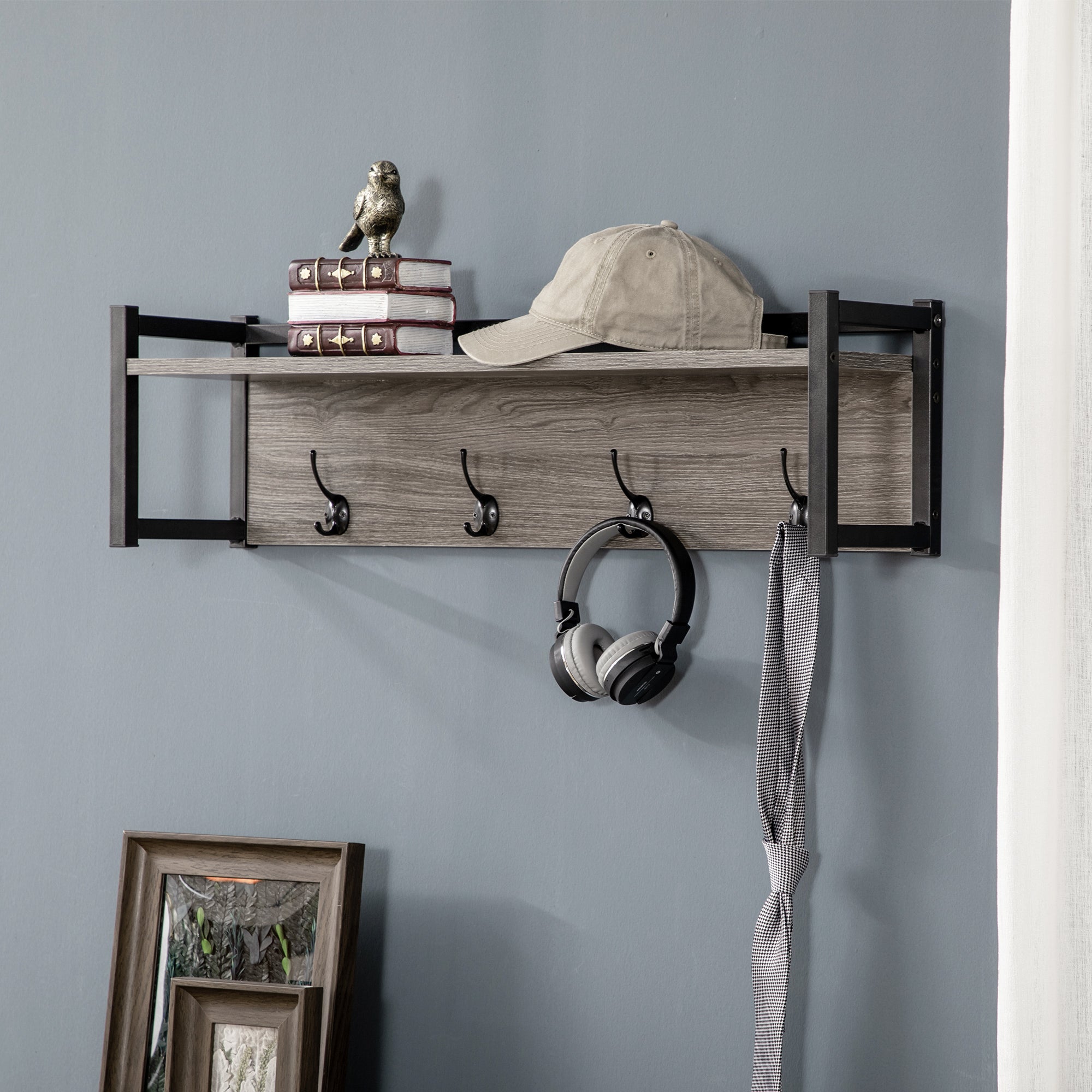 Coat Rack Wall-Mounted with Coat Hooks and Open Storage Shelf, Versa