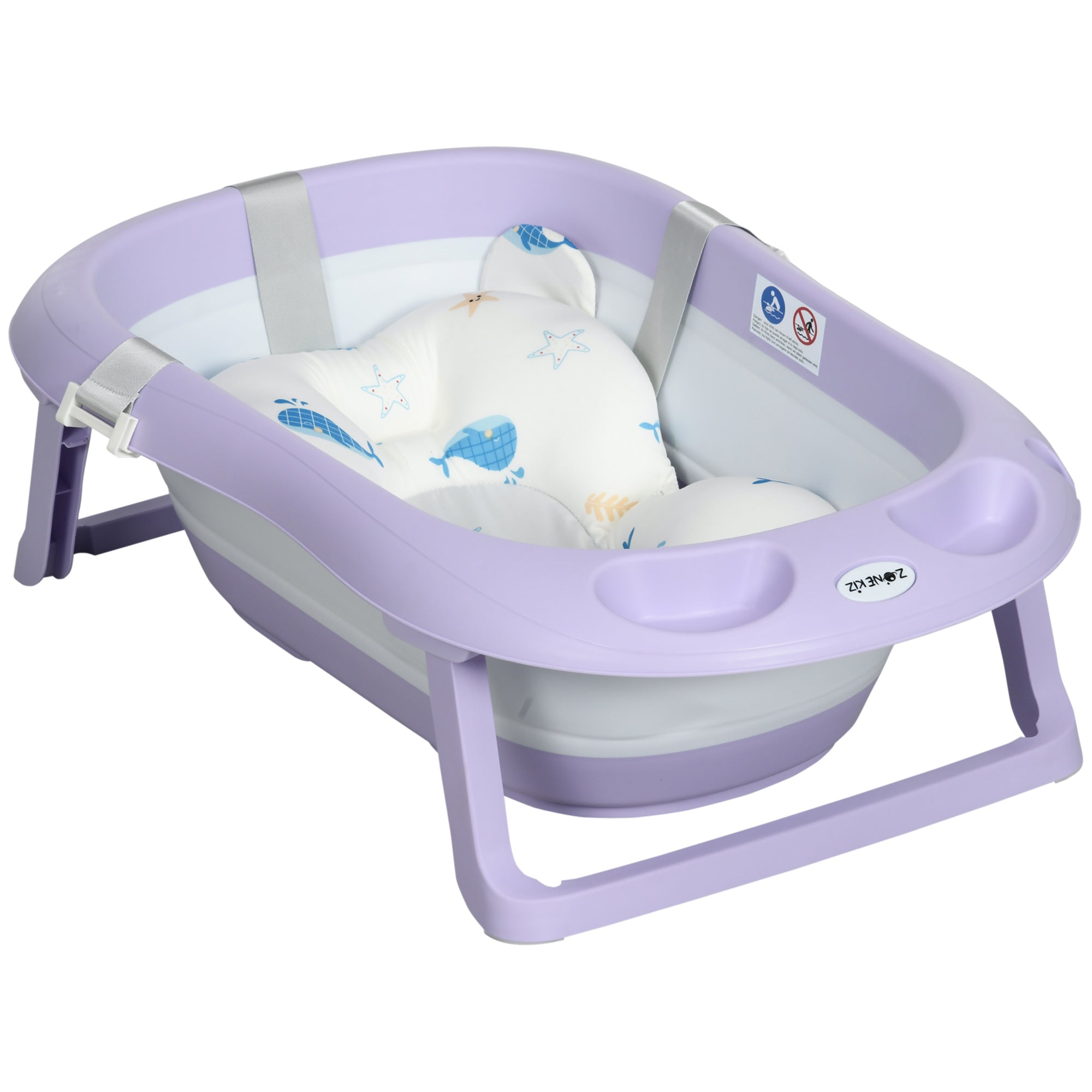 Foldable Baby Bath Tub, Bath Tub with Non-Slip Support, Cushion Pad, Drain Plugs, Shower Head Holder, for Newborn to 6 Years - Purple