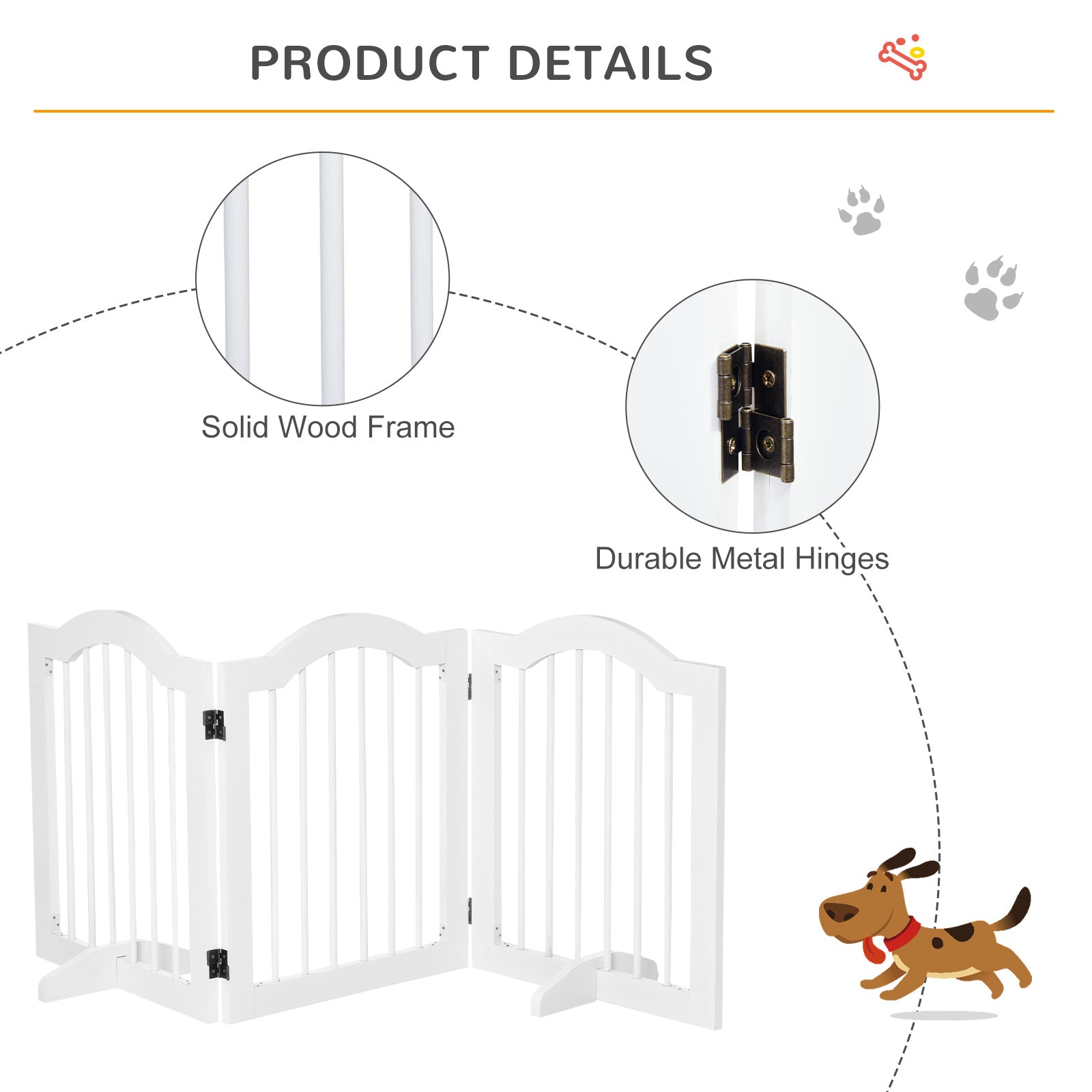 Dog Gate Wooden Foldable Small Sized Pet Gate Stepover Panel with Support Feet Freestanding Safety Barrier for the House Doorway Stairs White