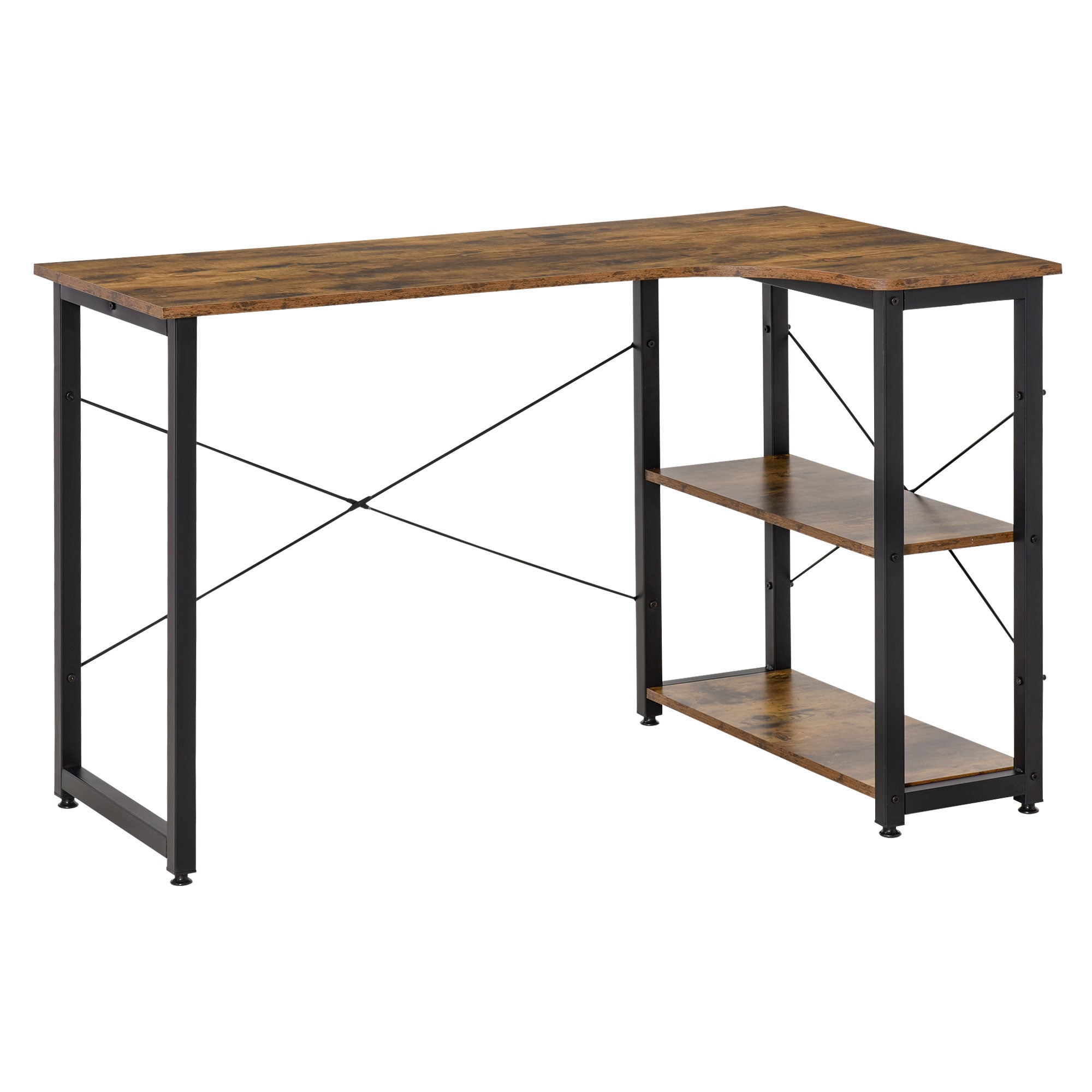 L-Shaped Computer Desk Home Office Corner Desk Study Workstation Table with 2 Shelves, Steel Frame, Rustic Brown