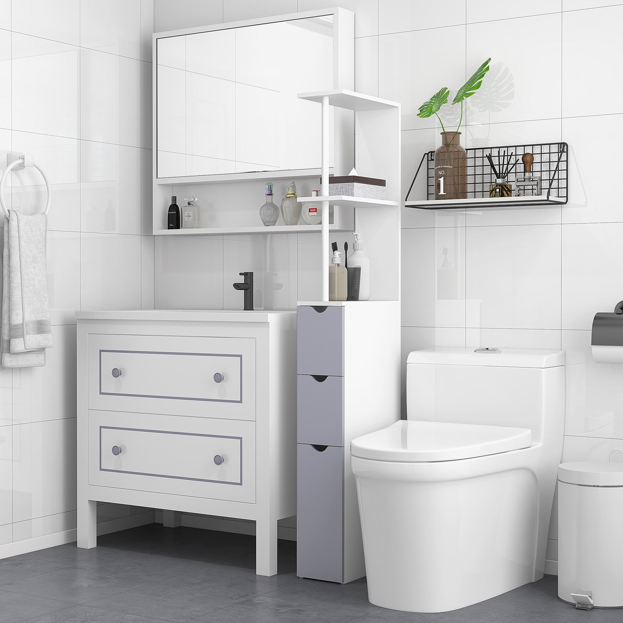 Slimline Bathroom Storage Free-Standing Bathroom Cabinet Unit Tall Shelf Toilet Tissue Cupboard w/Drawers - Grey and White