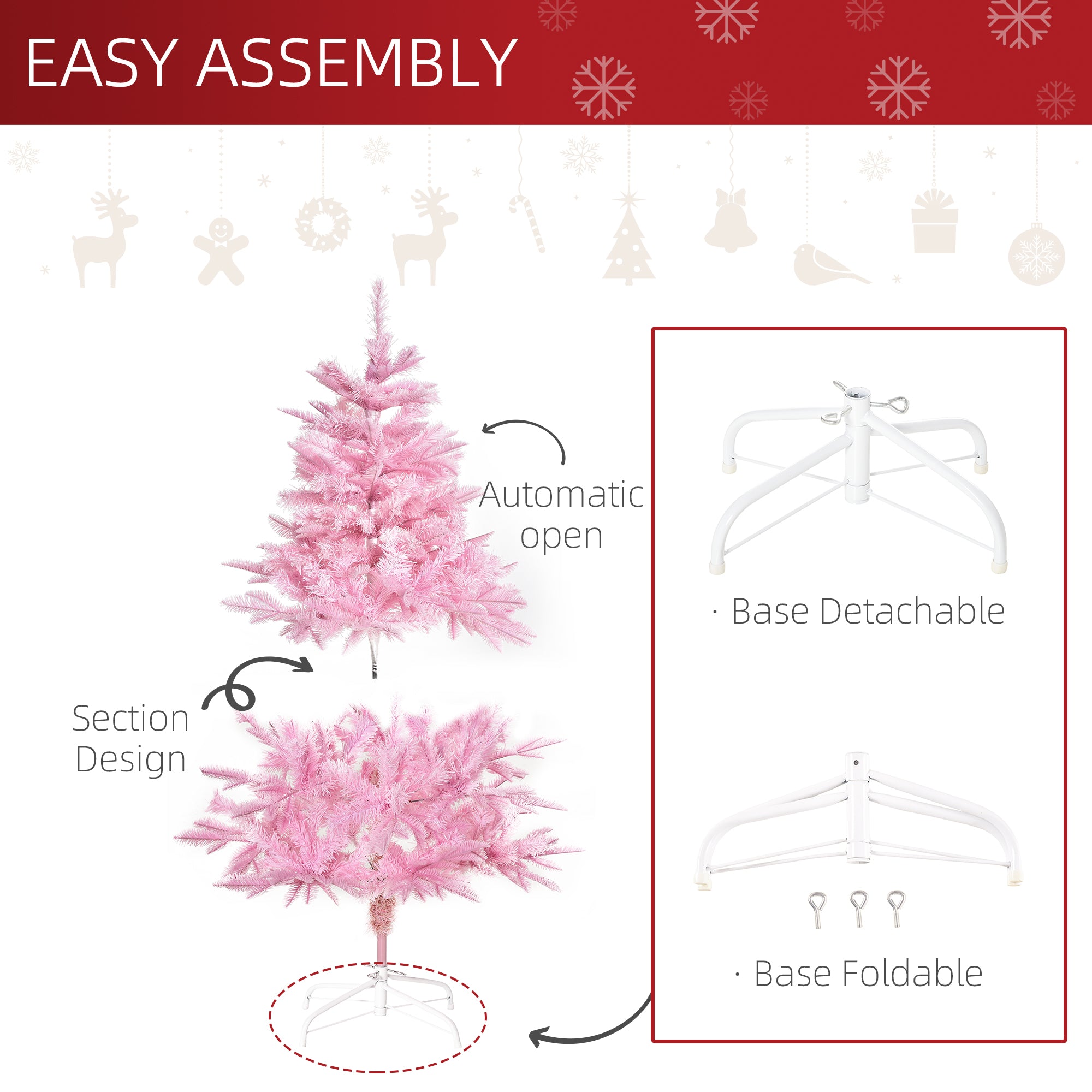 4FT Pop-up Artificial Christmas Tree Holiday Xmas Holiday Tree Decoration with Automatic Open for Home Party, Pink