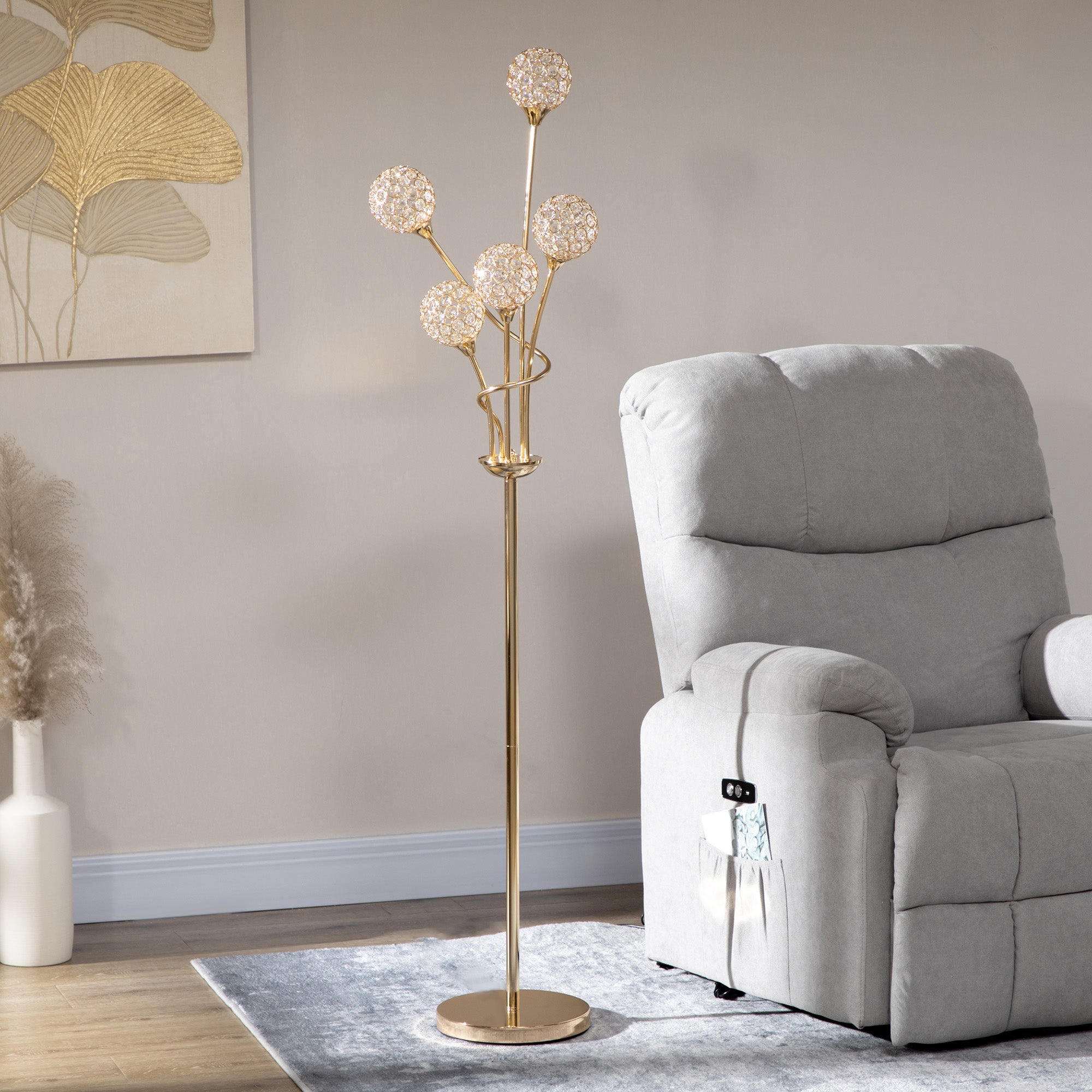 Modern Crystal 5-Light Upright Floor Lamp 156cm for Living Room Bedroom - Gold Tone