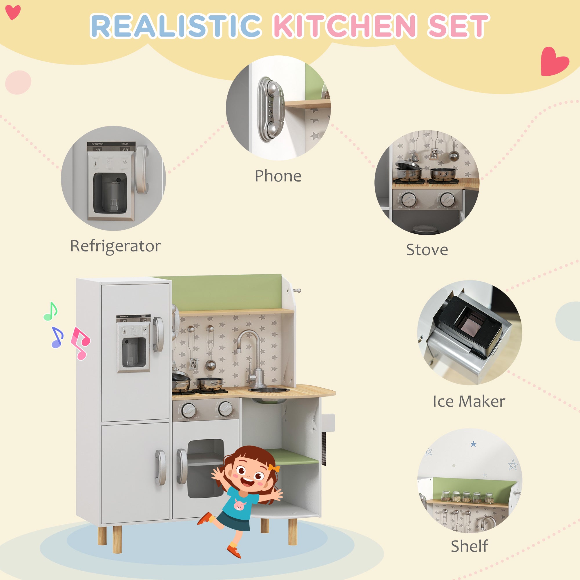 Toy Kitchen, Kids Play Kitchen Role Playing Game with Phone, Ice Maker, Stove, Sink, Utensils, for 3-6 Years, White