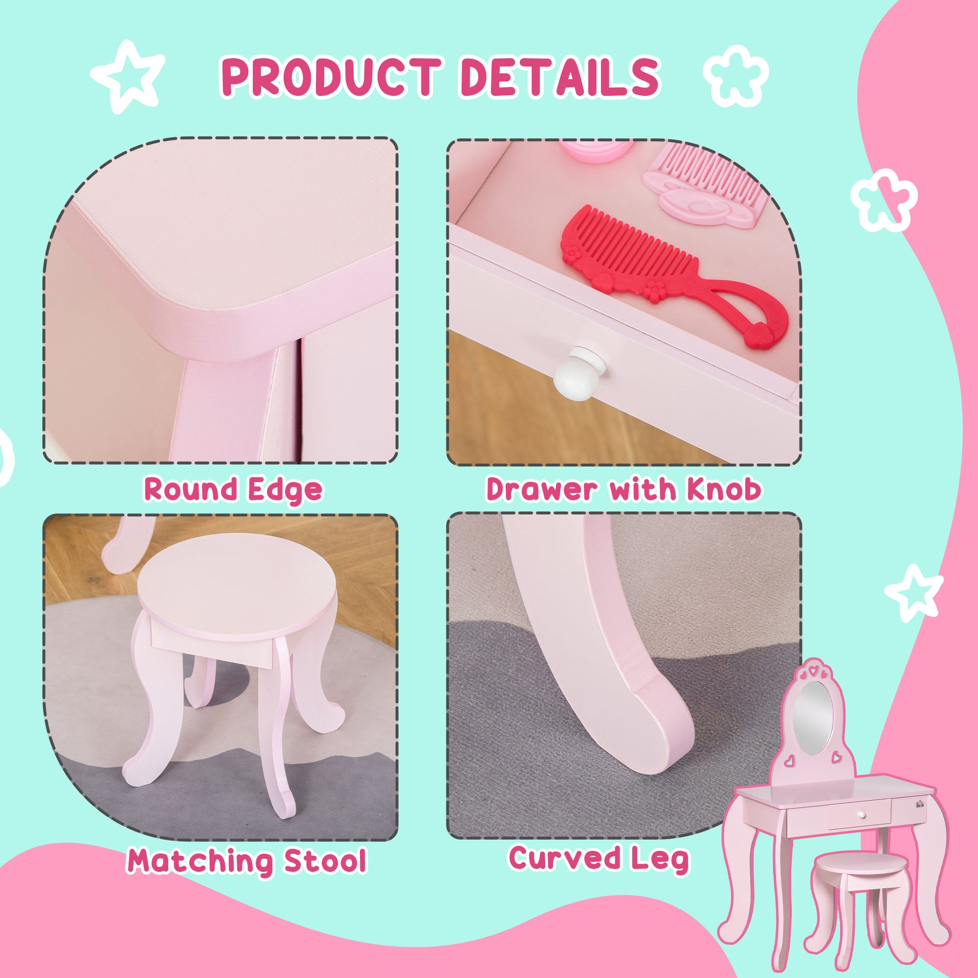 Kids Vanity Table & Stool Girls Dressing Set Make Up Desk Chair Dresser Play Set with Mirror Pink