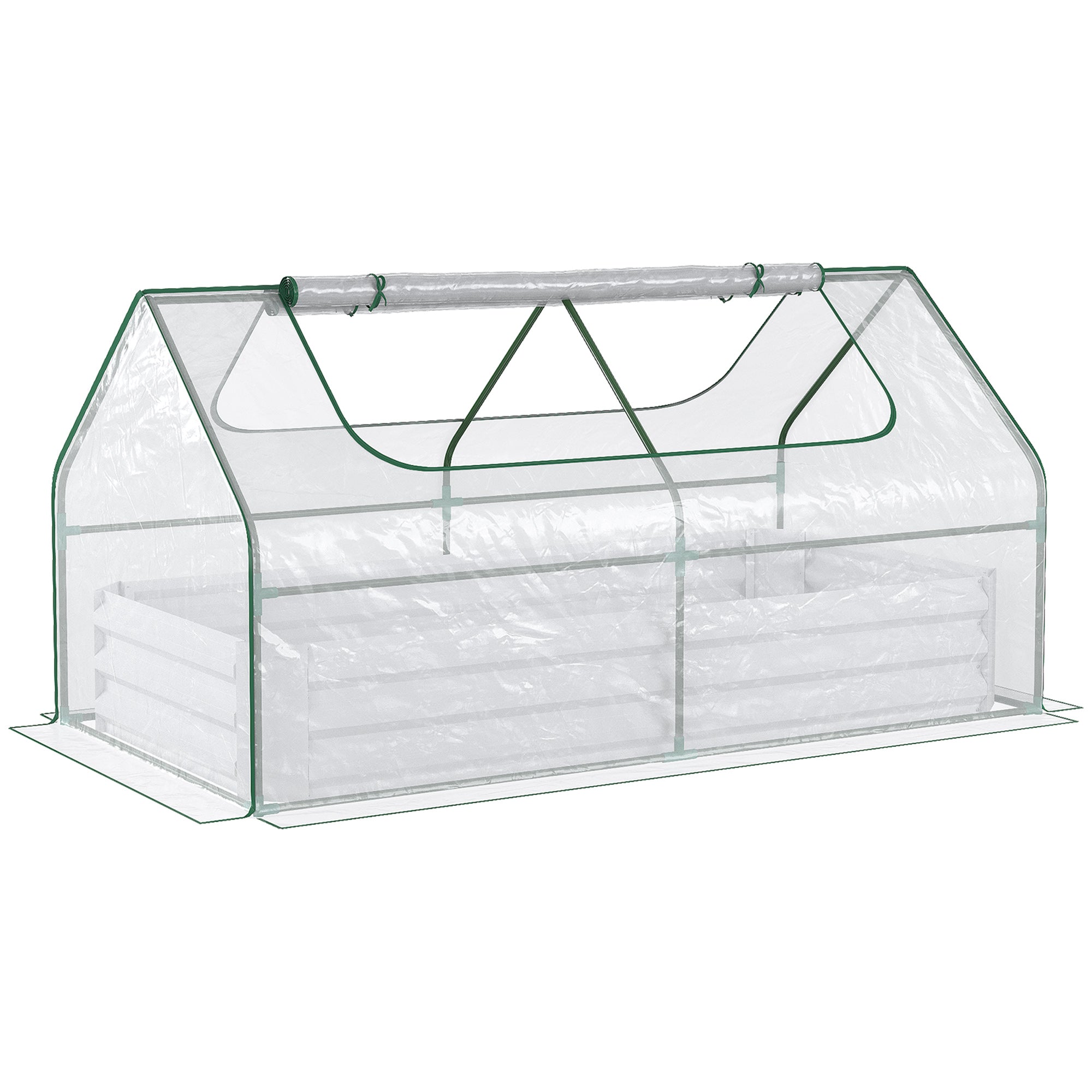 Raised Garden Bed with Greenhouse, Steel Planter Box with Plastic Cover, Roll Up Window, Dual Use for Flowers, Vegetables, Fruits, Clear