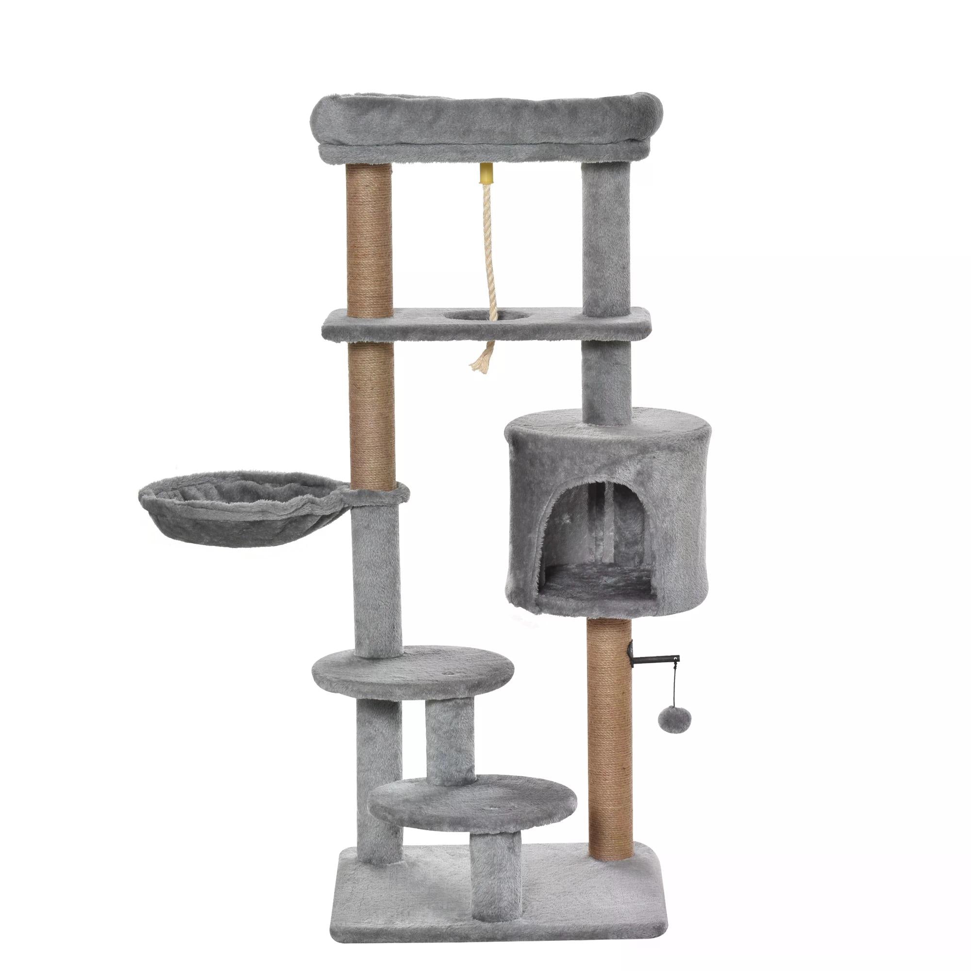 Cat Tree Cat Scratching Post 120cm with Jute Scratching Post Perch Hanging Ball Hammock Teasing Rope Condo Toy Light Grey