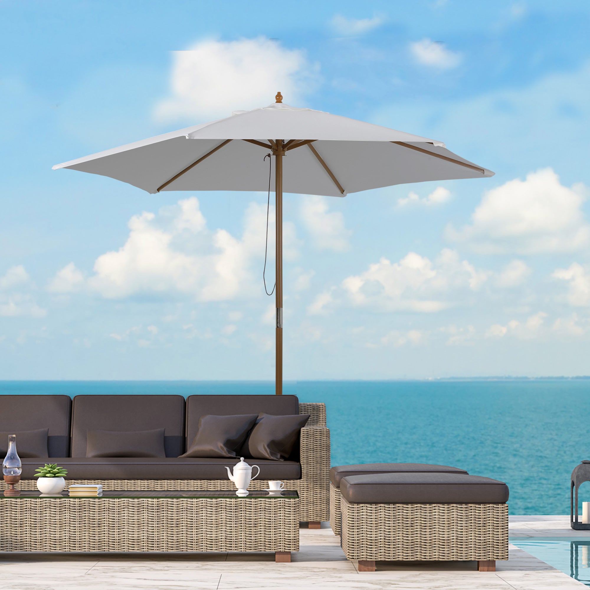 2.5m Patio Umbrella, Wood Garden Parasol, Sun Shade with 6 Ribs and Top Vent for Outdoor, White