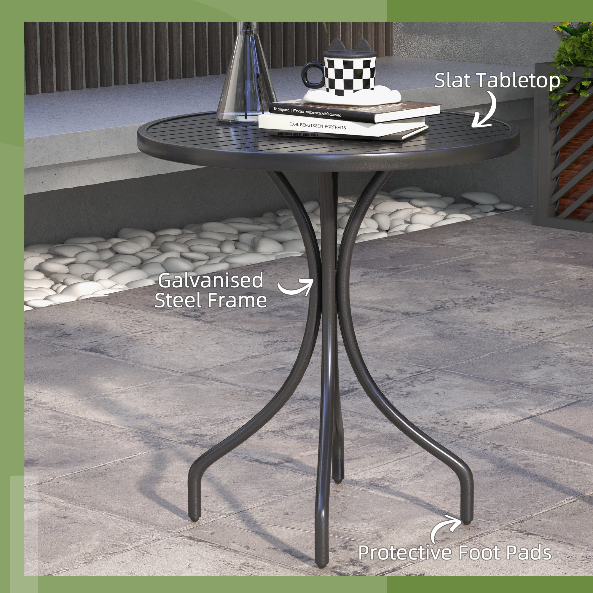 66cm Patio Table, Round Garden Table, Outdoor Side Table with Steel Frame and Slat Tabletop, Black