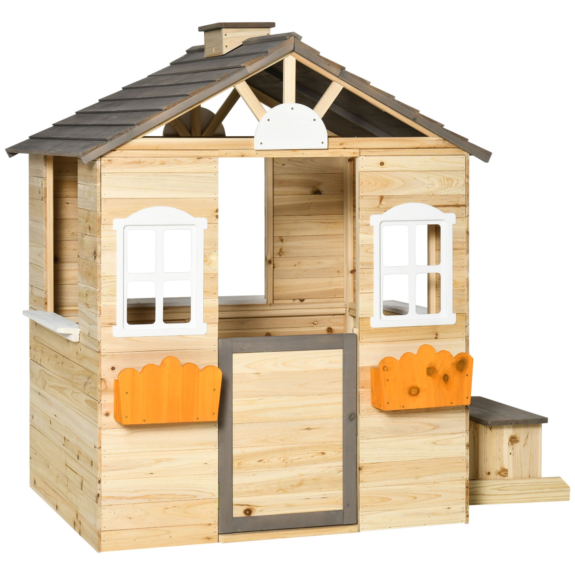 Wooden Kids Playhouse, Outdoor Garden Games Cottage with Working Door, Windows, Bench, Service Station, Flowers Pot Holder for 3-7 Years Old