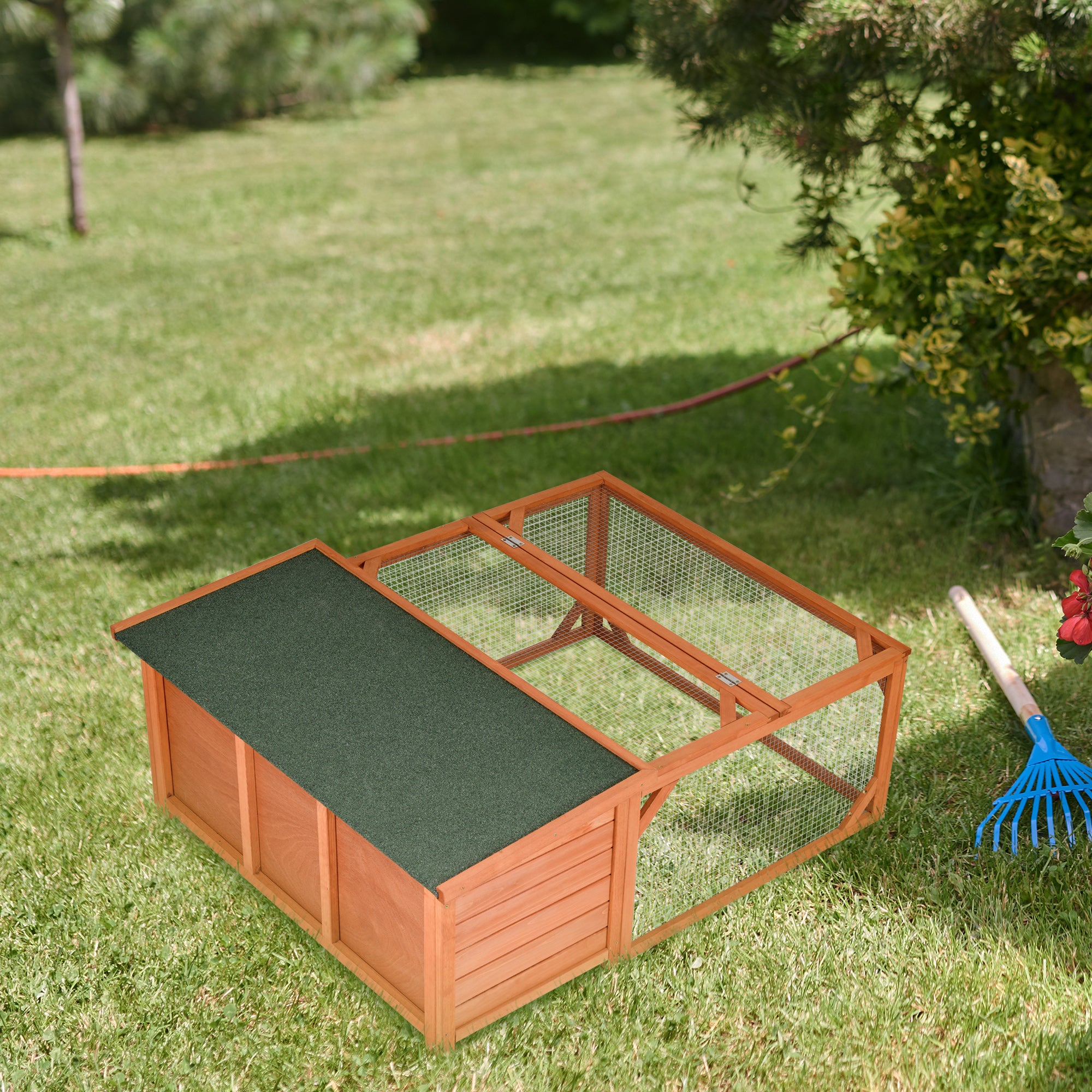 Rabbit Hutch Small Animal Guinea Pig House Off-ground Ferret Bunny Cage Backyard with Openable Main House & Run Roof 125.5 x 100 x 49cm Orange