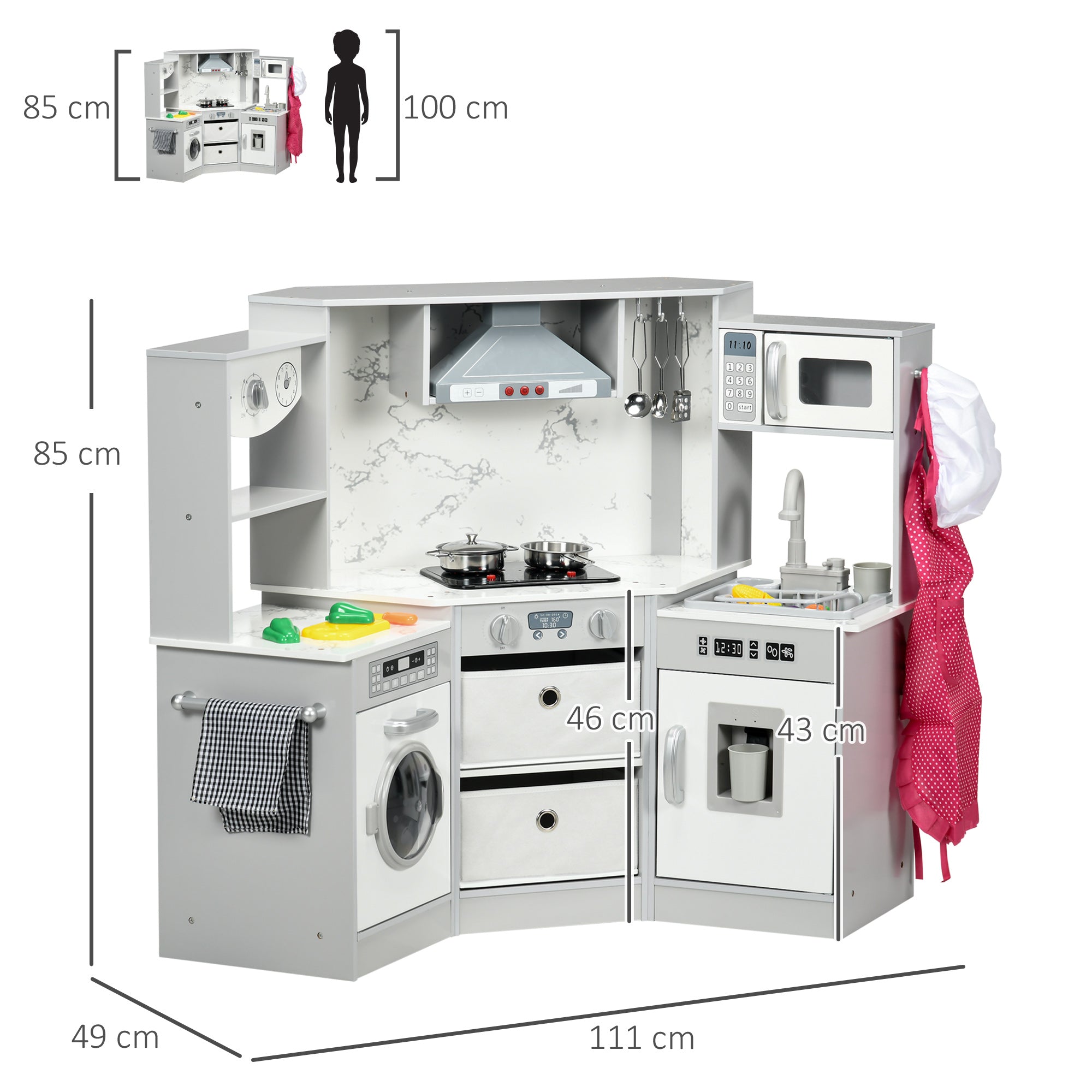 Toy Kitchen with Running Water, Lights Sounds, Apron and Chef Hat, Water Dispenser, for 3-6 Years Old - Grey