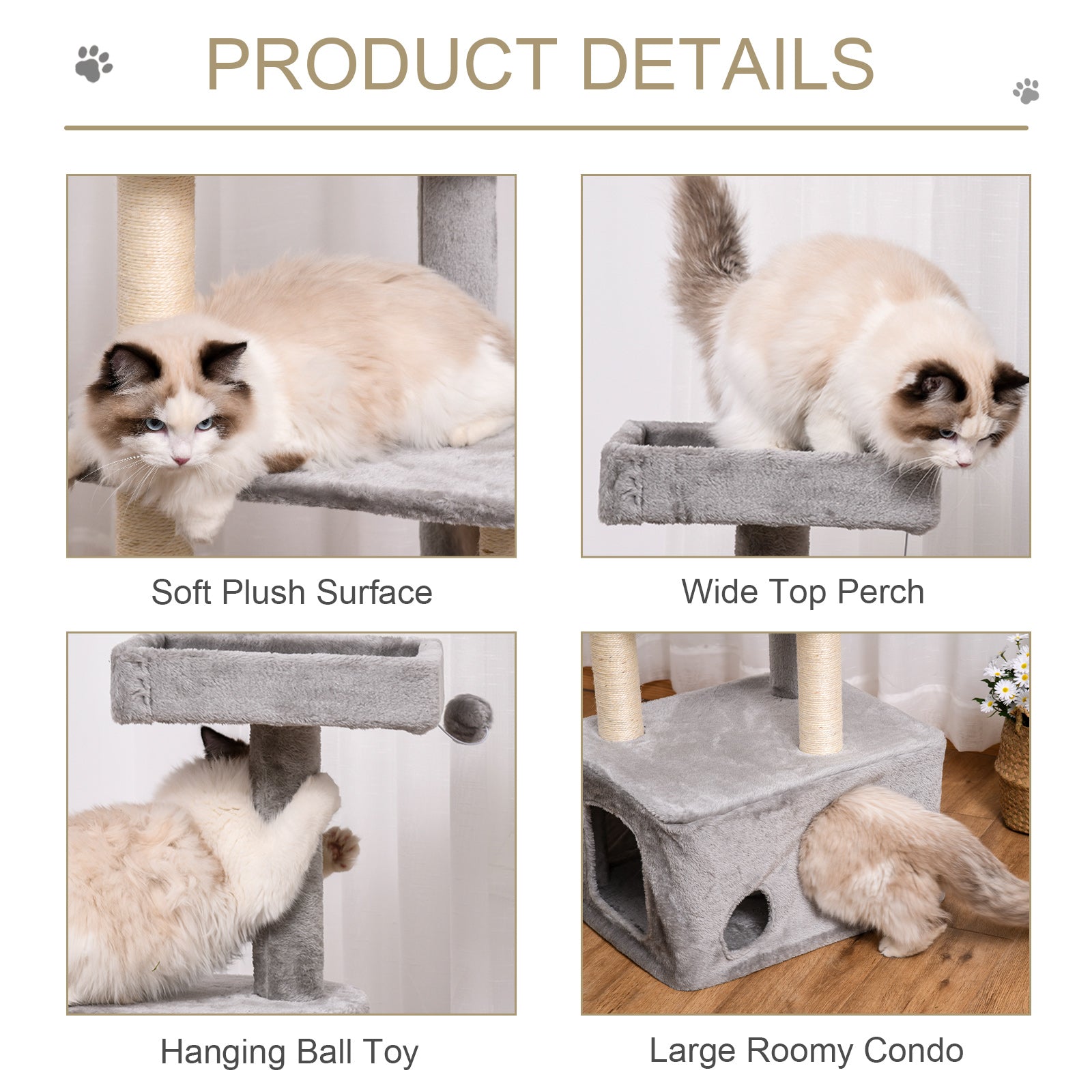 Cat Tree Kitten Tower 4-level Activity Centre Pet Furniture with Sisal Scratching Post Condo Plush Perches Hanging Ball Toys Grey