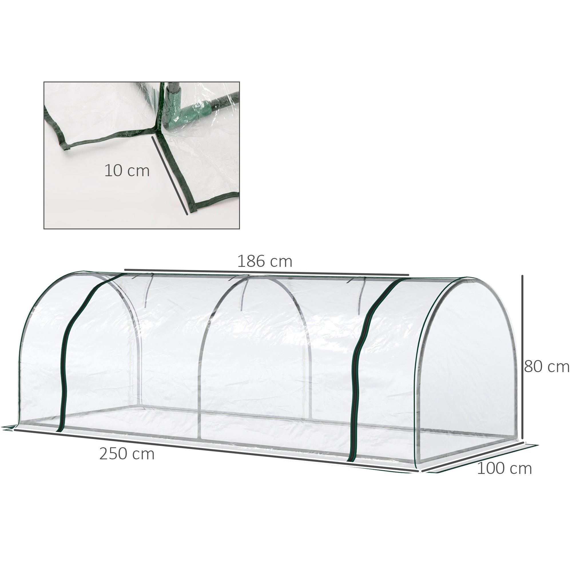 Tunnel Greenhouse Green Grow House for Garden Outdoor, Steel Frame, PVC Cover, Transparent, 250 x 100 x 80cm