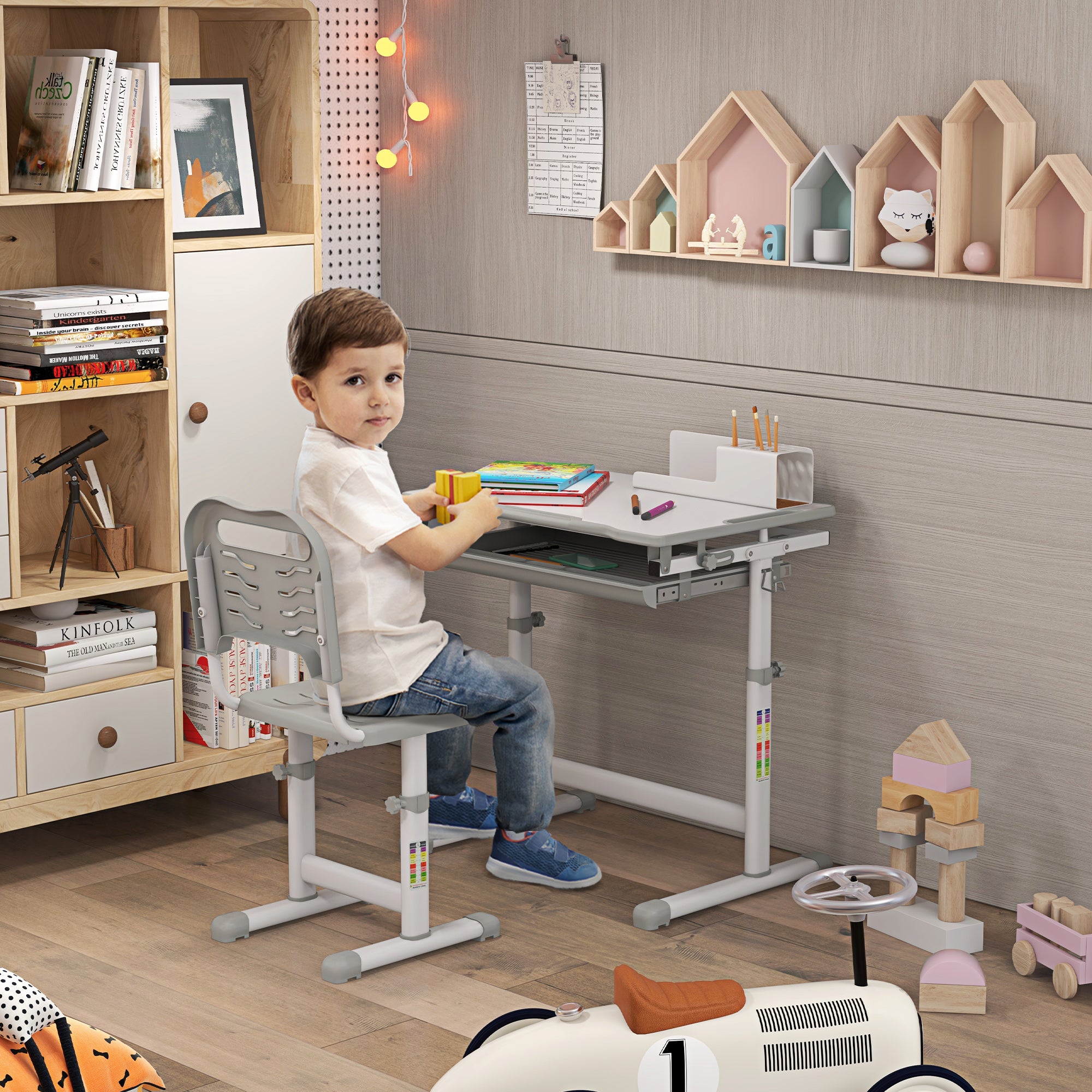 Kids Desk and Chair Set Height Adjustable Student Writing Desk Children School Study Table with Tiltable Desktop, Grey