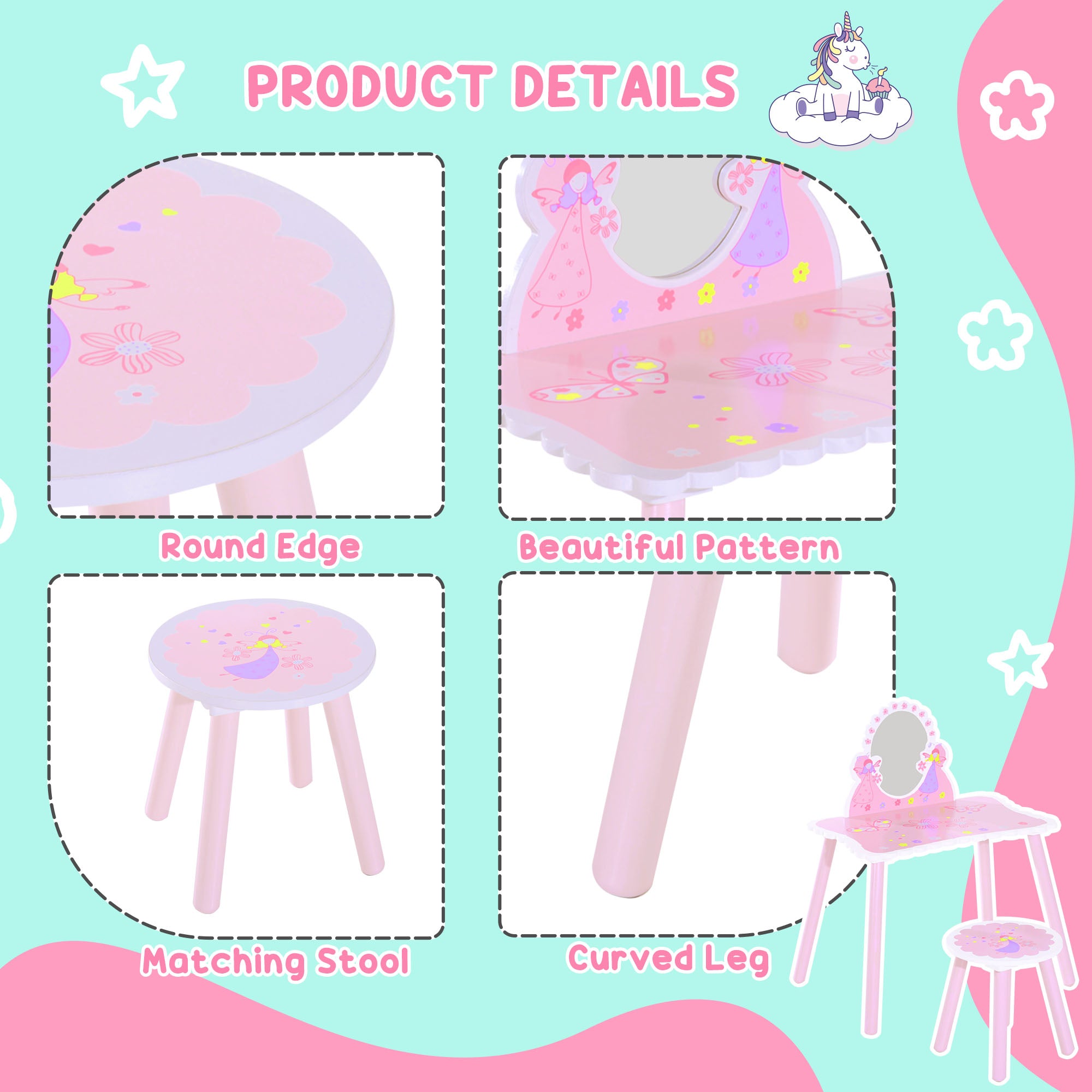 Kids Dressing Table Girls Pink Wooden Kids Dressing Table & Stool Make Up Desk Chair Toys Fairy Dresser Play Set w/Mirror