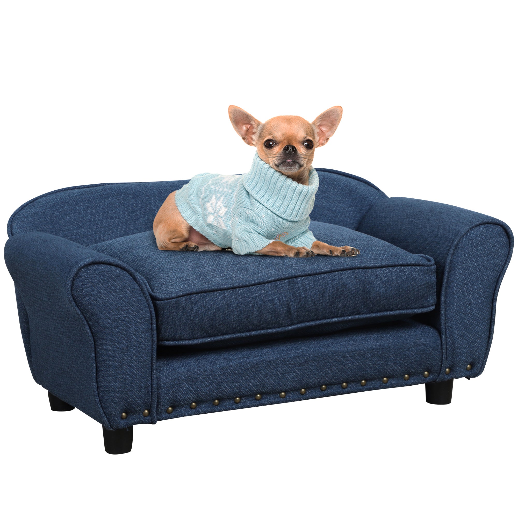 Dog Sofa for Small Dogs, Pet Chair Couch with Thick Sponge Padded Cushion, Kitten Lounge Bed with Washable Cover, Wooden Frame - Blue