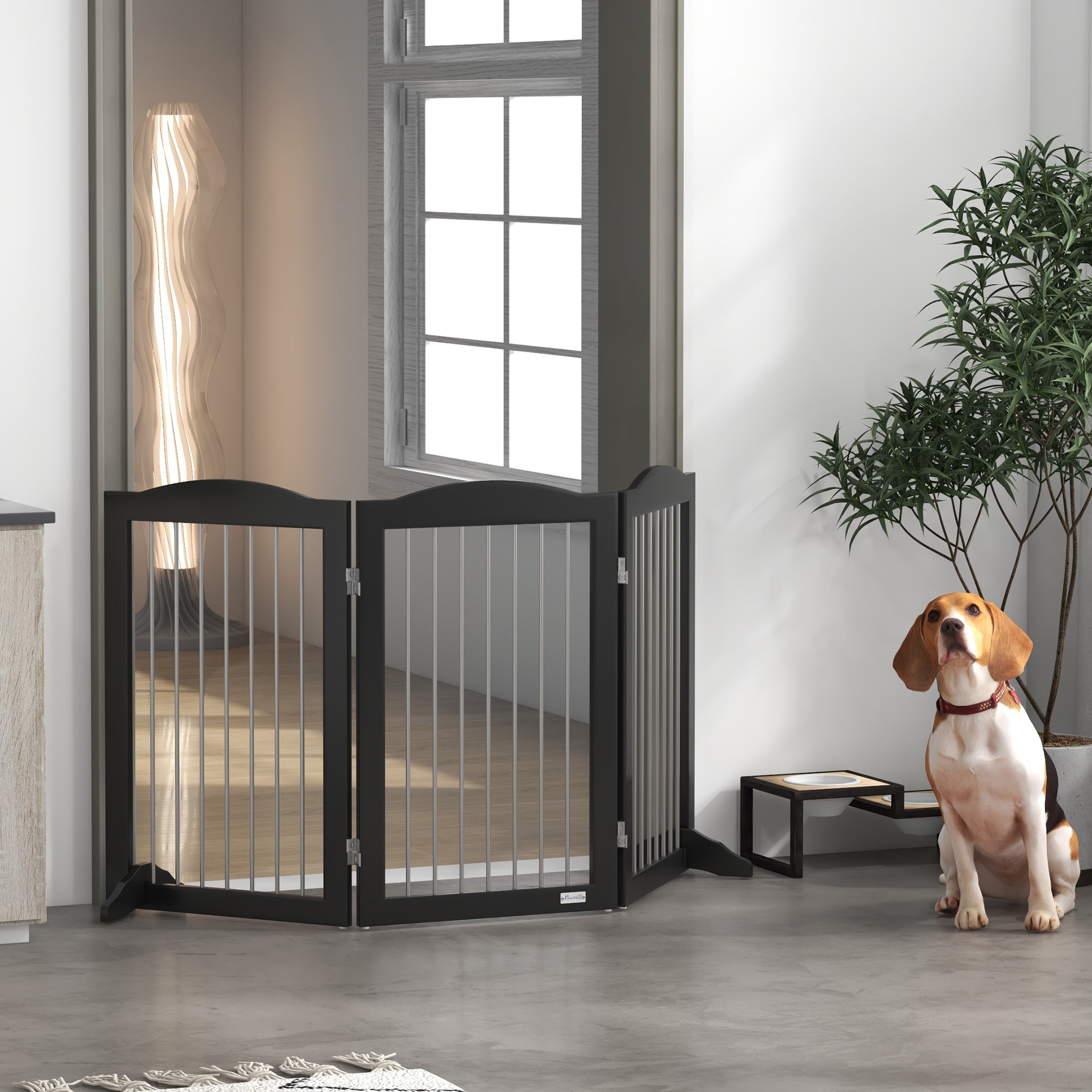 Foldable Dog Gate, Freestanding Pet Gate, with Two Support Feet, for Staircases, Hallways, Doorways - Black