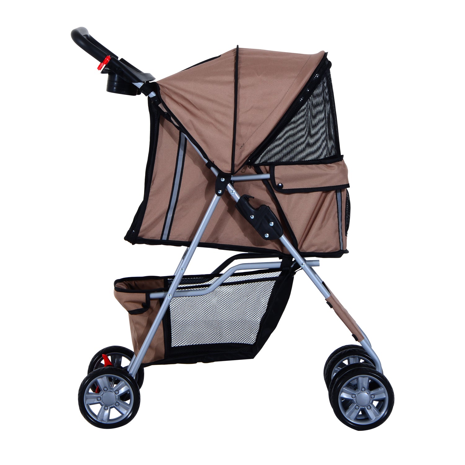 Dog Pram Pet Stroller Foldable Dog Pushchair with Wheels Zipper Entry Cup Holder Storage Basket Brown