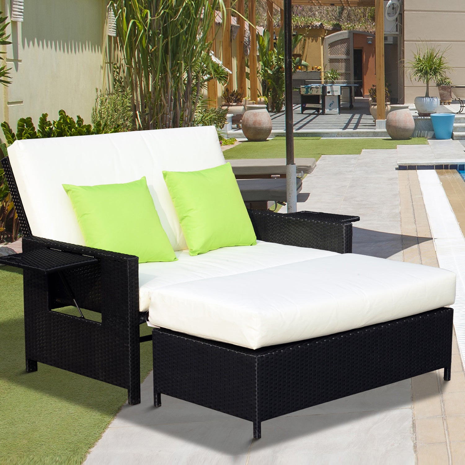 2 Seater Assembled Garden Patio Outdoor Rattan Furniture Sofa Sun Lounger Daybed with Fire Retardant Sponge - Black