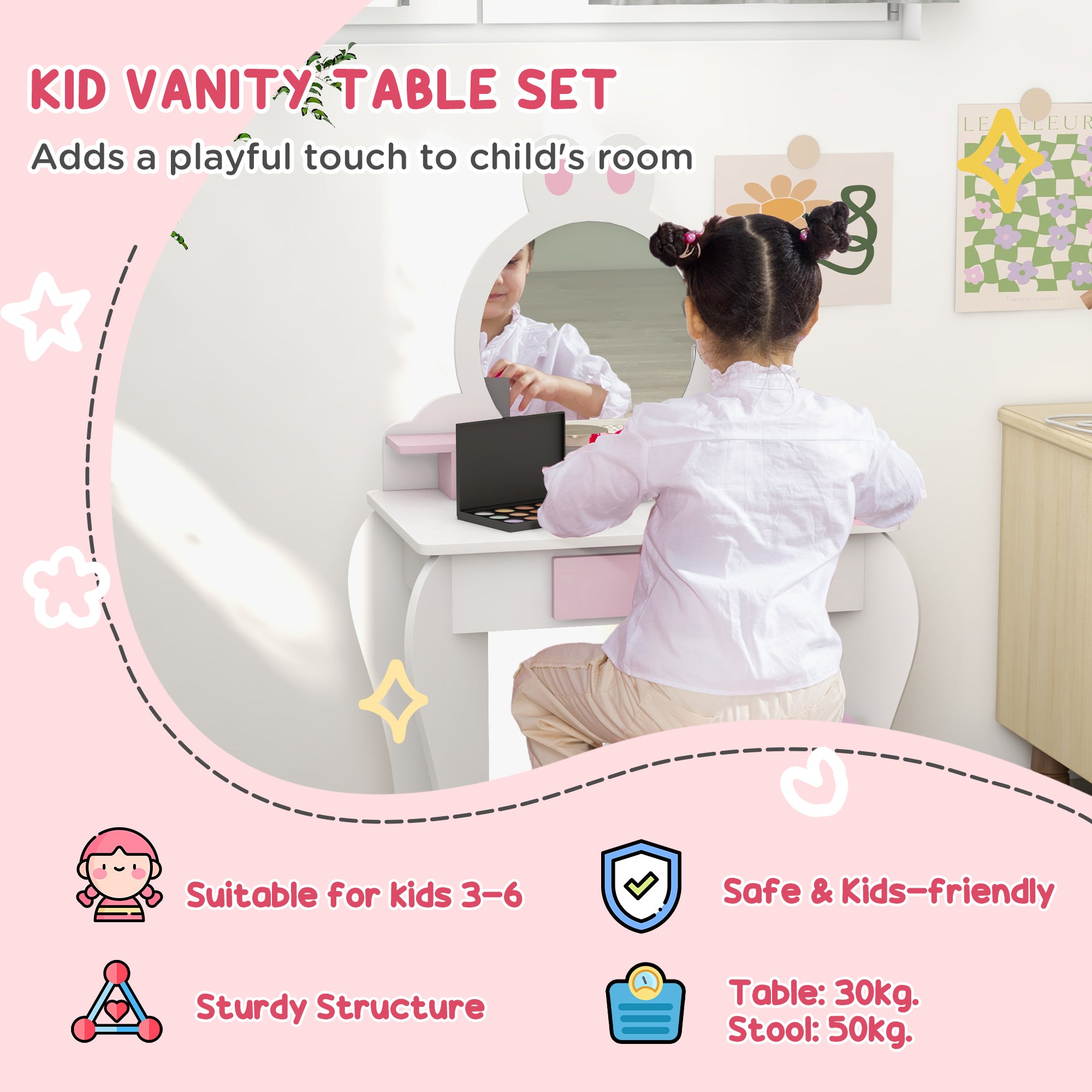 Bunny-Design Kids Dressing Table, with Mirror and Stool - White and Pink