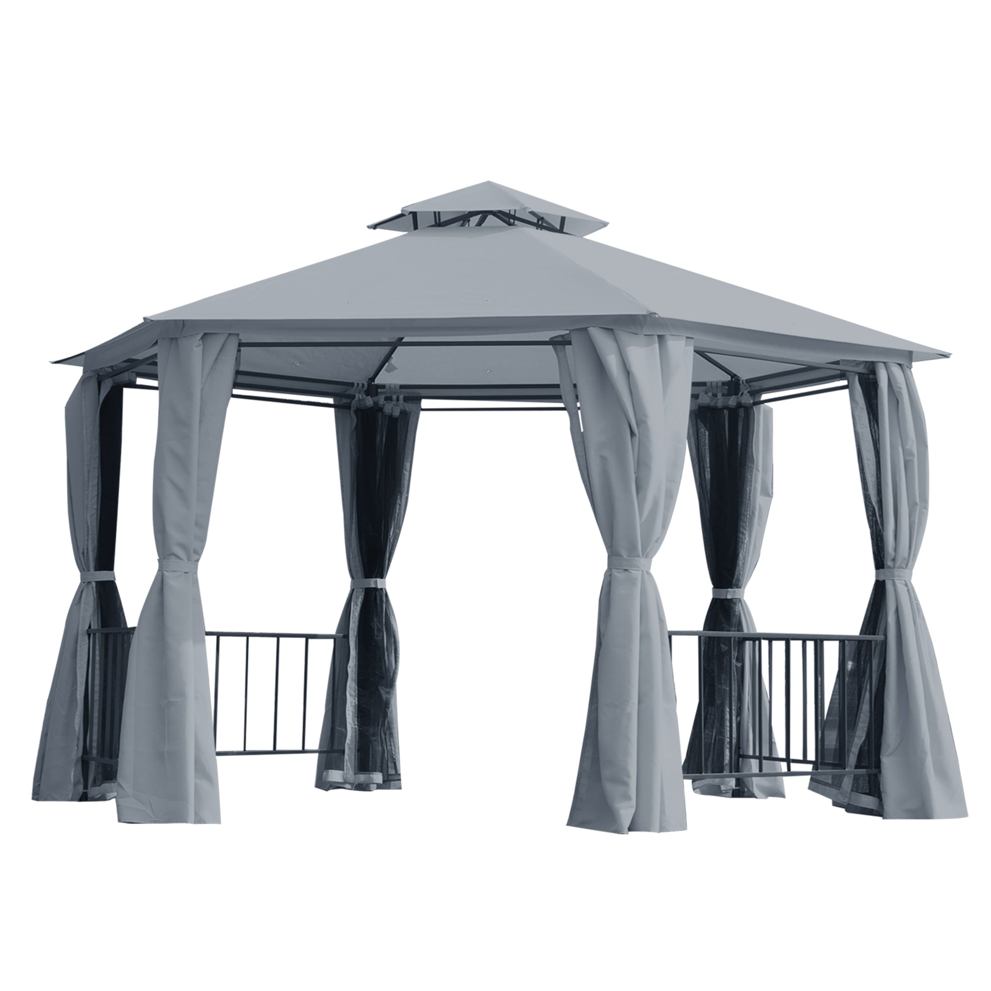 Hexagon Gazebo Patio Canopy Party Tent Outdoor Garden Shelter w/ 2 Tier Roof & Side Panel - Grey