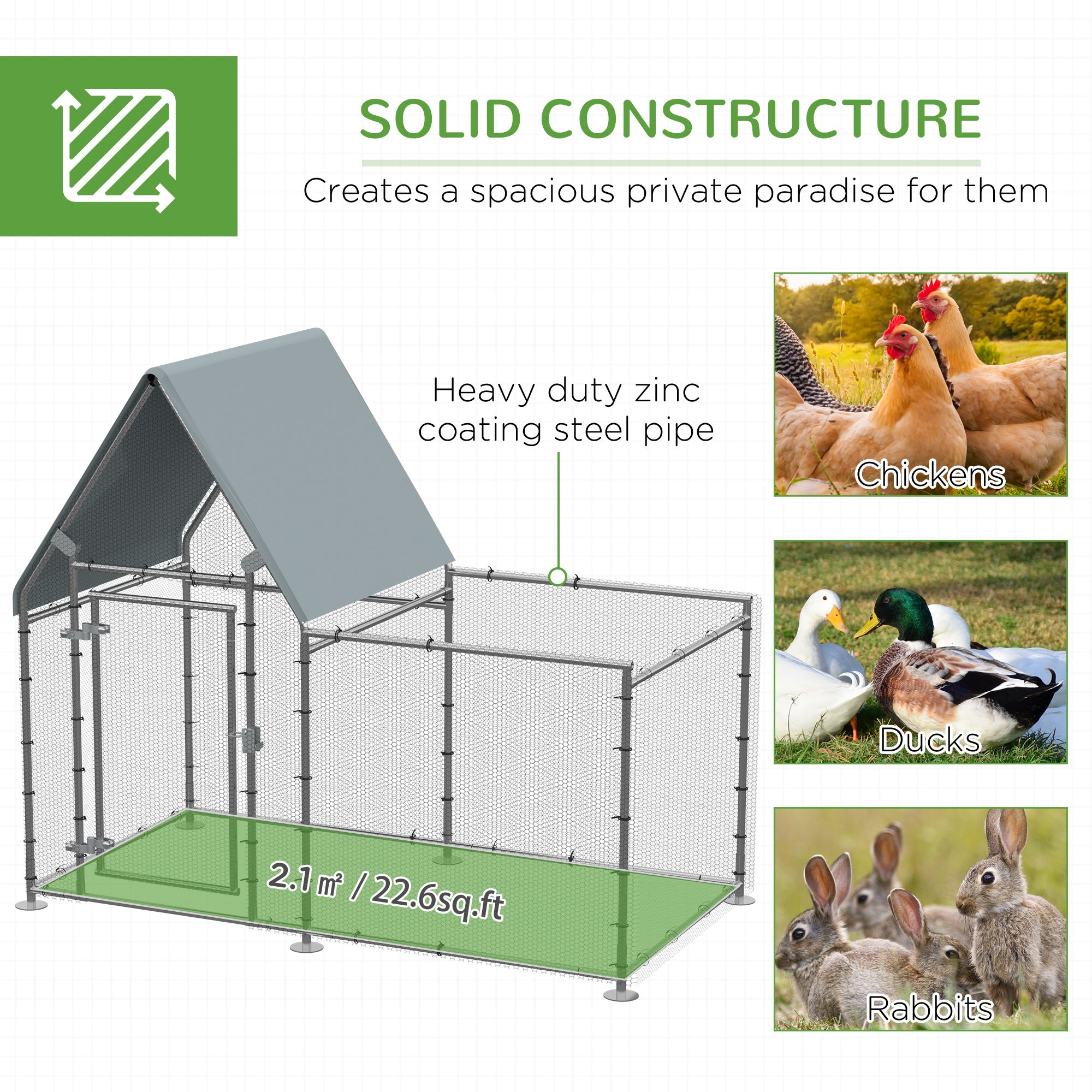 Chicken Run Coop, Large Galvanized Walk In Chicken House, Hen Poultry House Cage, Rabbit Hutch Metal Enclosure Outdoor, 200 x 105 x 172cm