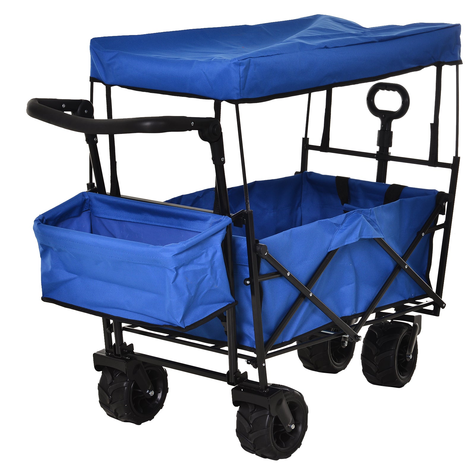 Folding Trolley Cart Storage Wagon Beach Trailer 4 Wheels with Handle Overhead Canopy Cart Push Pull For Shopping Camping Garden - Blue