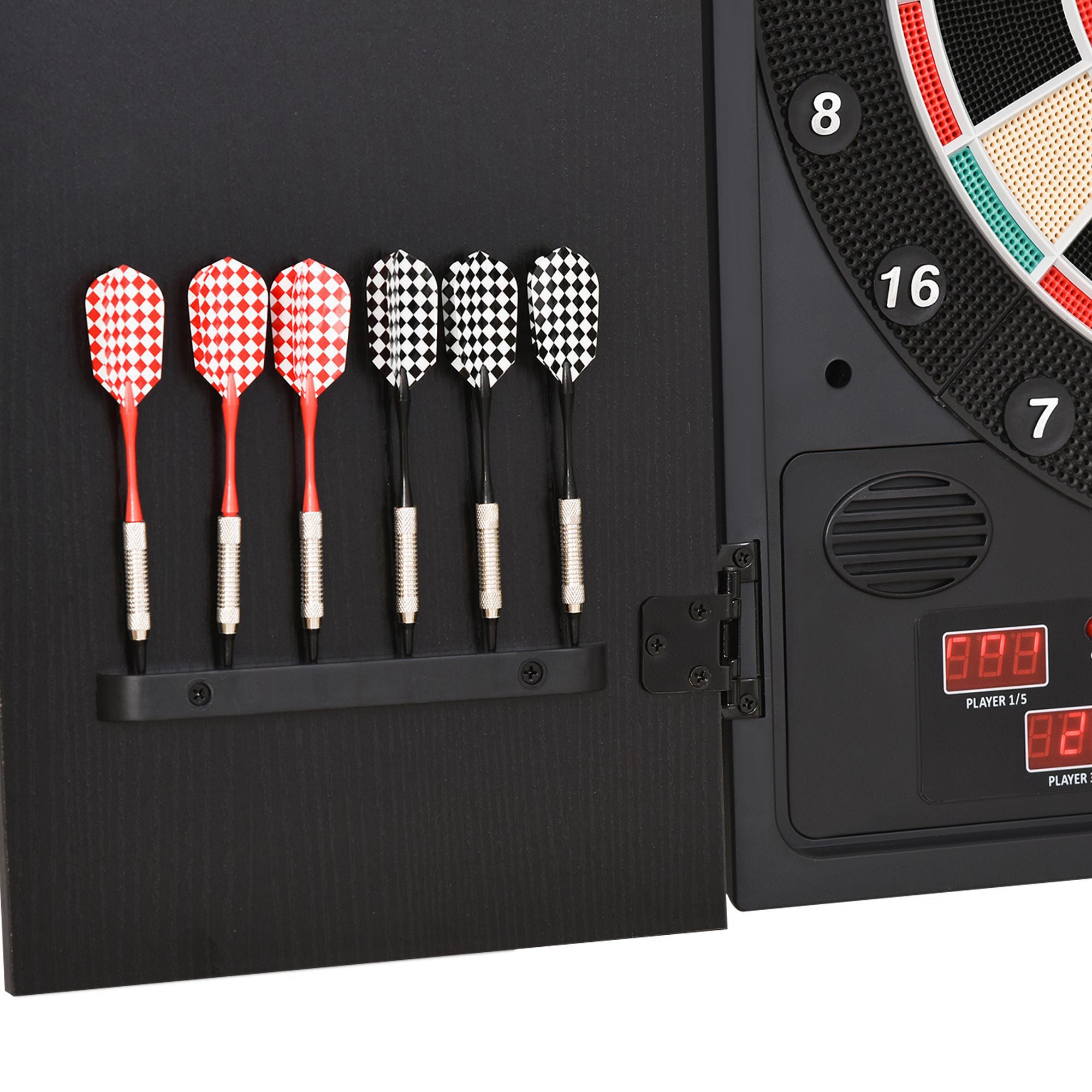 Electronic Dartboard In Case LED Scoreboard w/ 12 Darts 30 Heads Side Storage Cabinet Classic Game Family Fun Game Black White