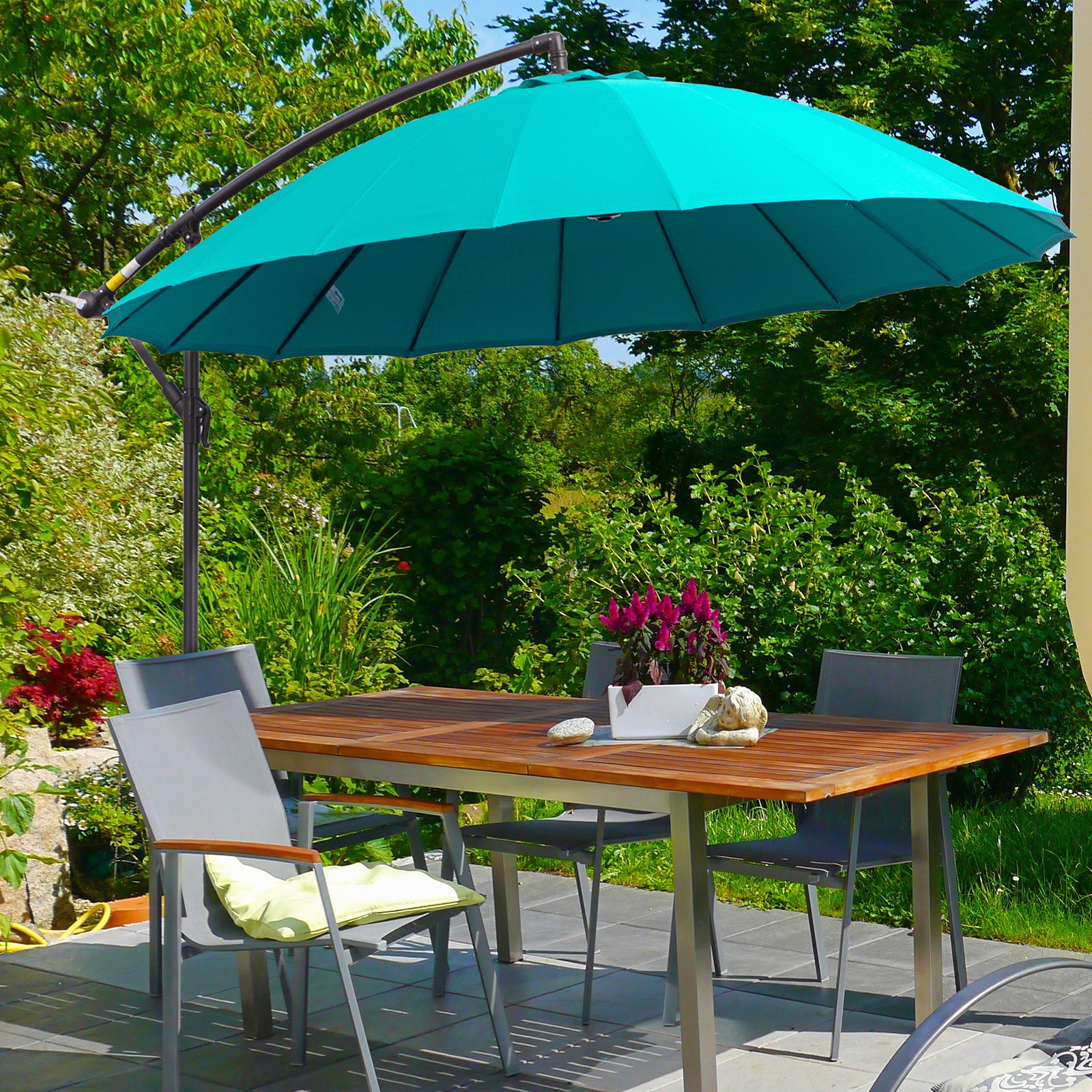 3(m) Cantilever Shanghai Parasol Garden Hanging Banana Sun Umbrella with Crank Handle, 18 Sturdy Ribs and Cross Base, Turquoise