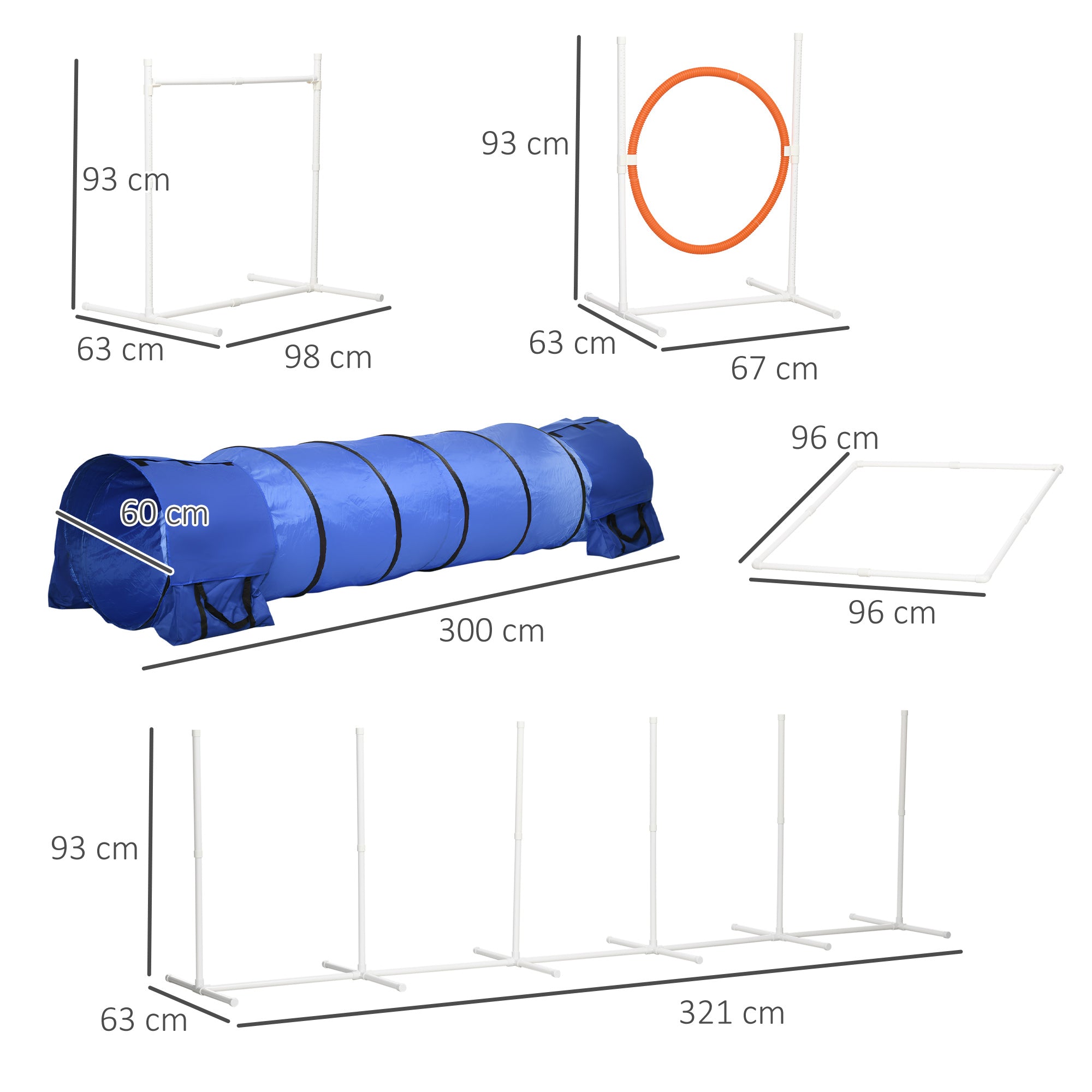 6-Piece Dog Agility Equipment Set with 3(m) Long Tunnel & Canine Whistle, Pause Box, Jumps, Weave Poles, Multicolour