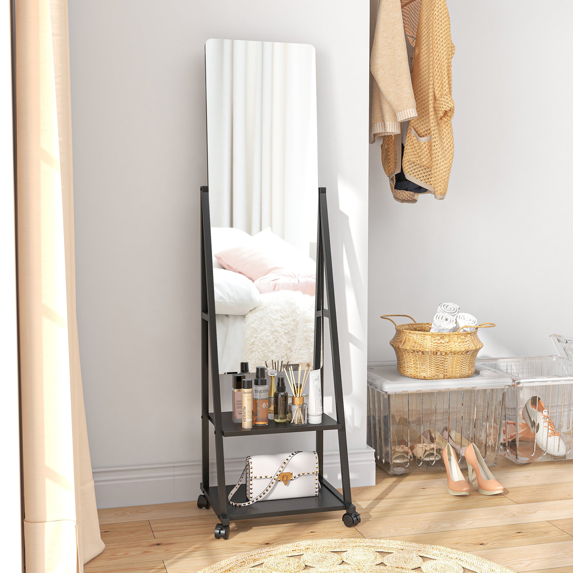 Free Standing Dressing Mirror, Rolling Full Length Mirror on Wheels with Adjustable Angle, Storage Shelves for Bedroom