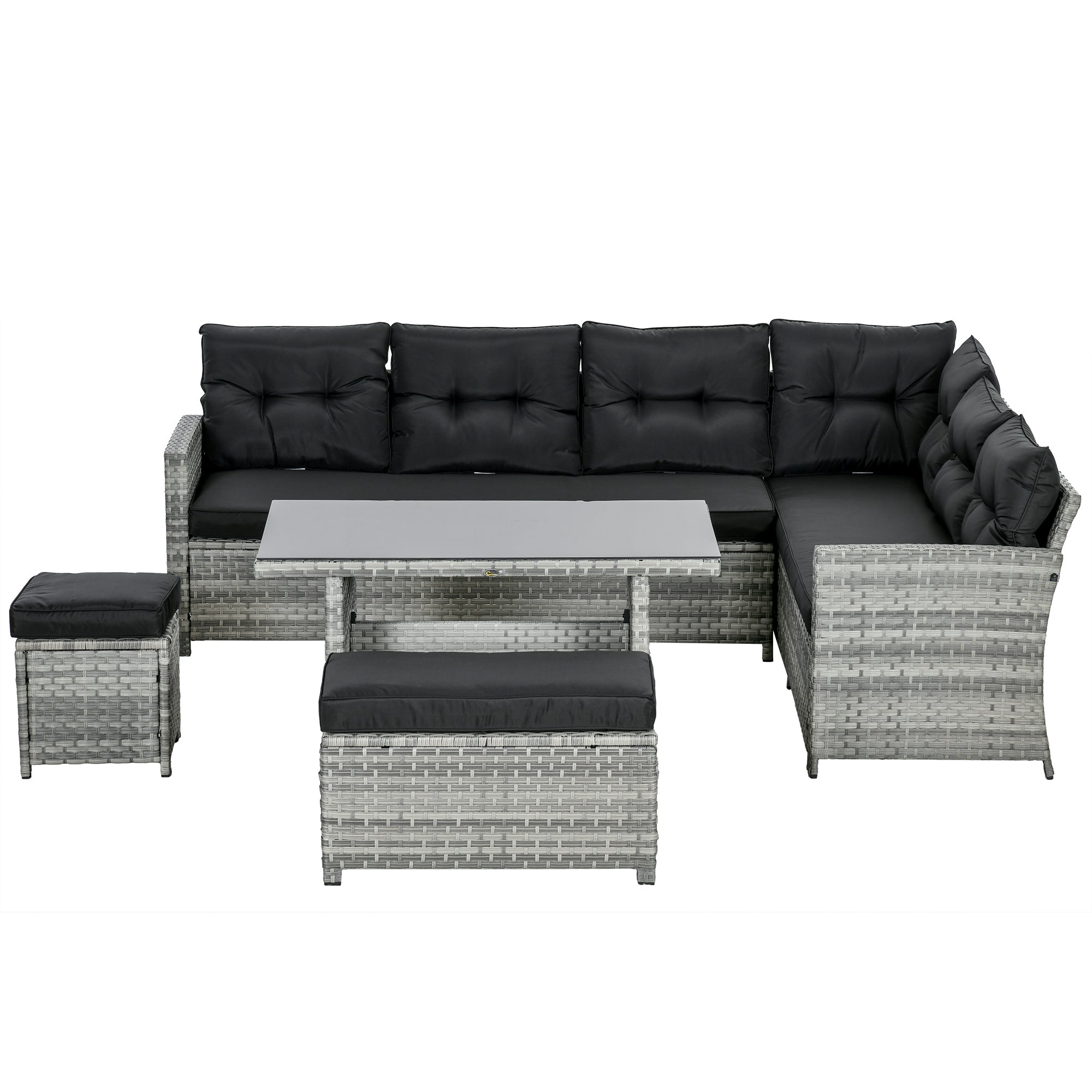 5-Piece Rattan Patio Furniture Set with Corner Sofa, Footstools, Glass Coffee Table, Cushions, Mixed Grey