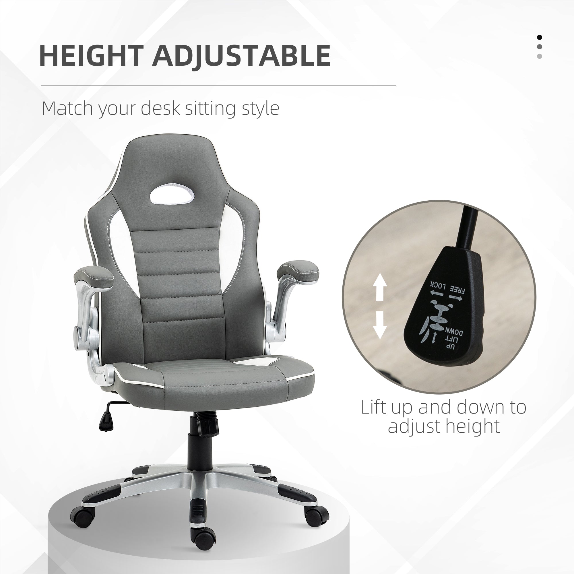 Racing Gaming Chair, PU Leather Computer Desk Chair, Height Adjustable Swivel Chair With Tilt Function and Flip Up Armrests, Grey