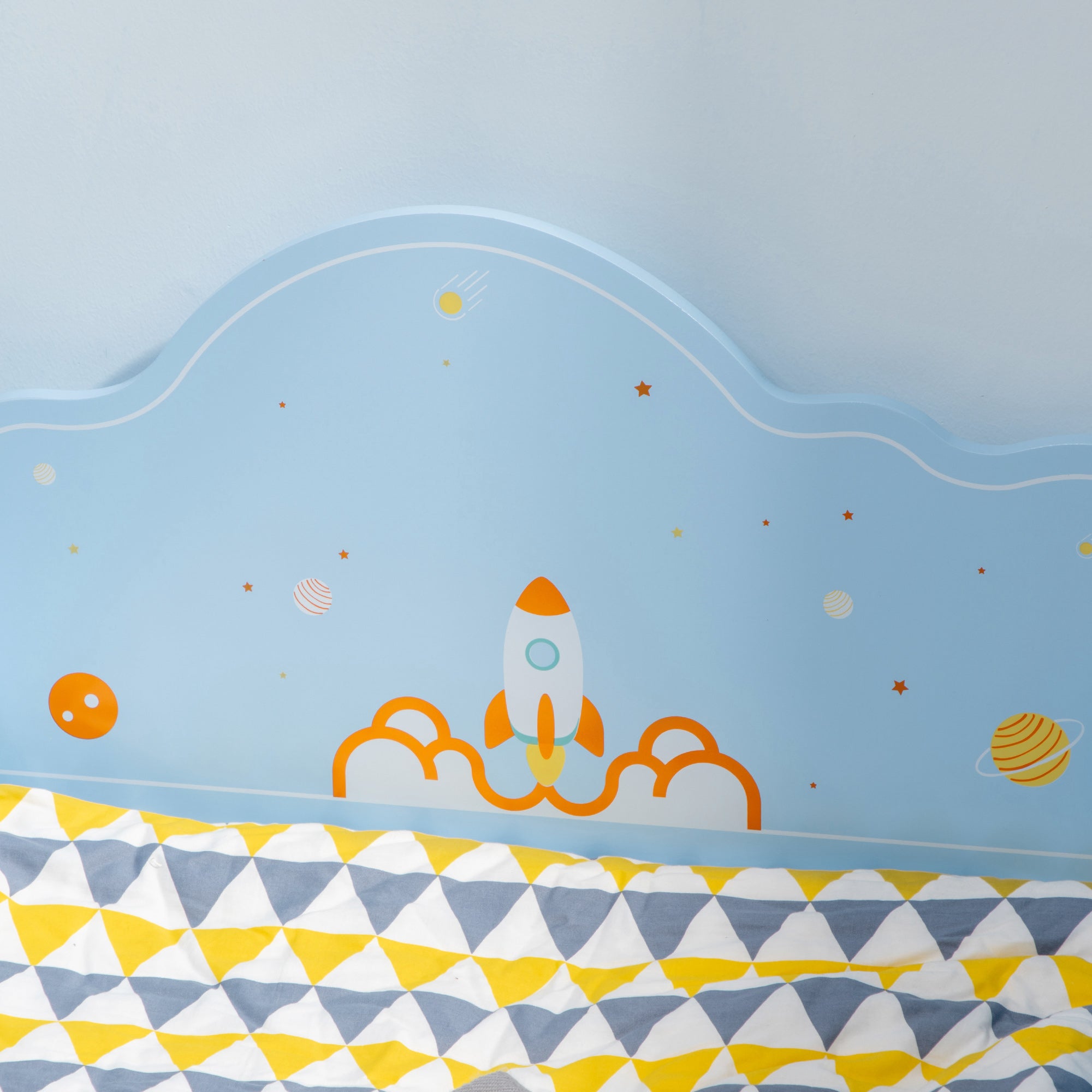 Toddler Bed Kids Bedroom Furniture with Rocket & Plants Patterns Safety Side Rails Slats, Blue