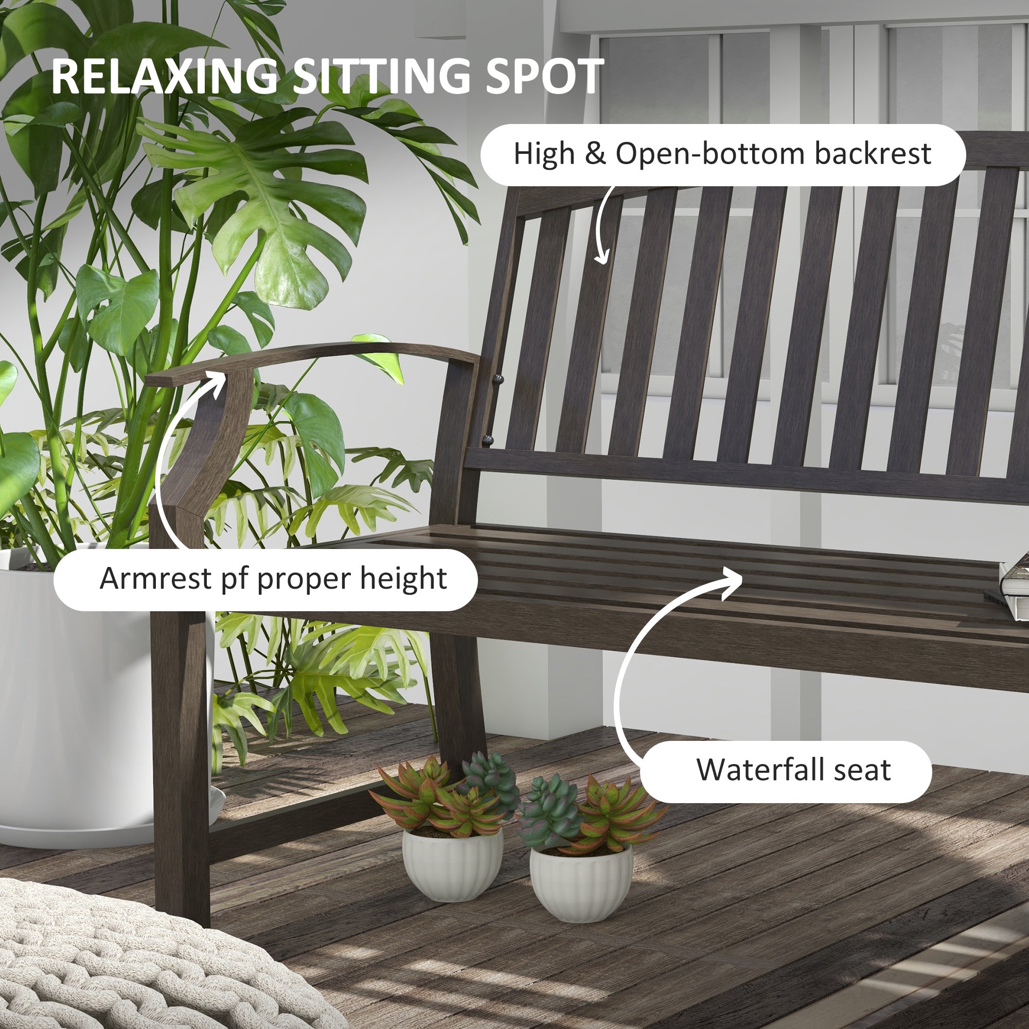 2 Seater Metal Garden Bench with Slatted Seat and Curved Armrests - Brown