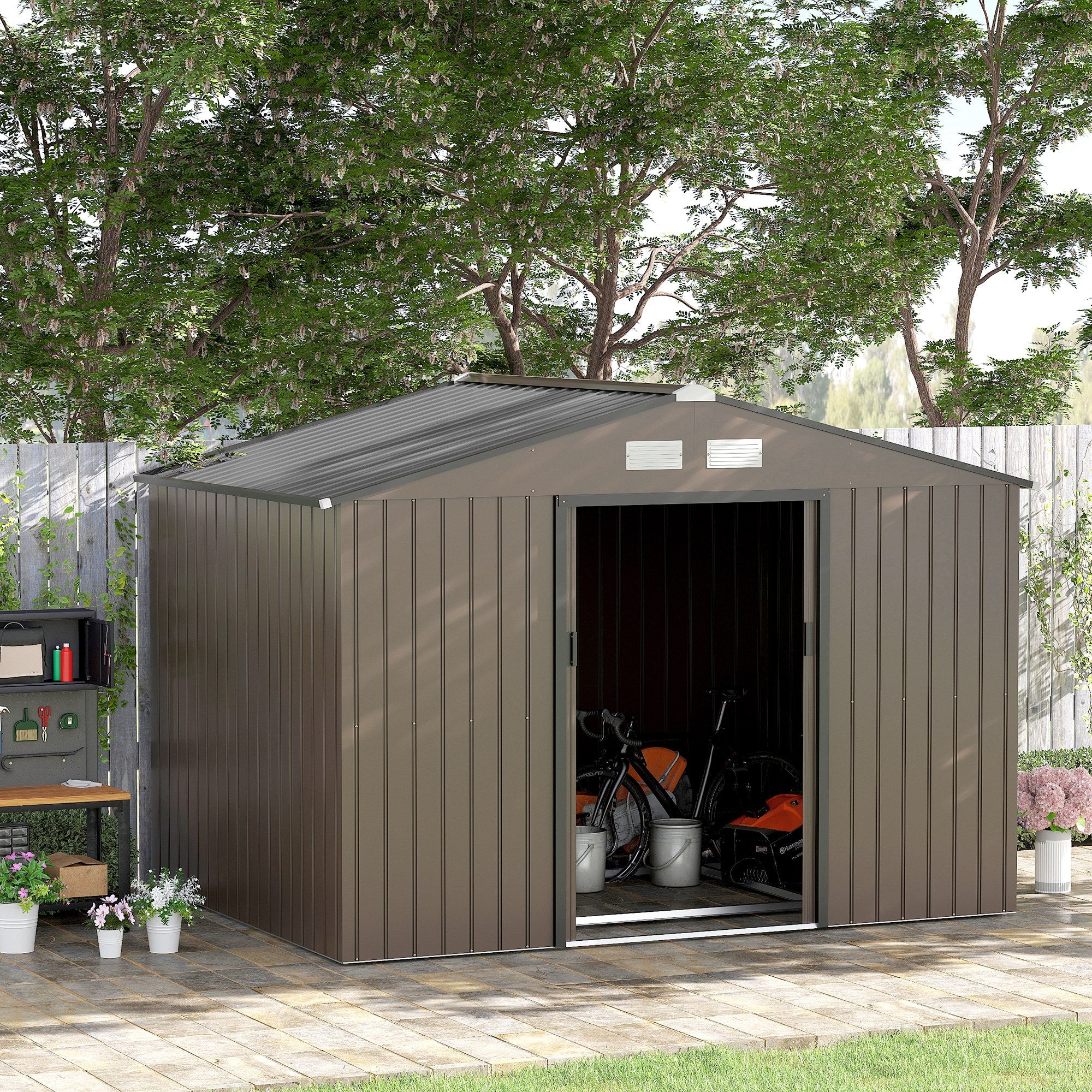 9 x 6FT Garden Metal Storage Shed Outdoor Storage Shed with Foundation Ventilation & Doors, Brown