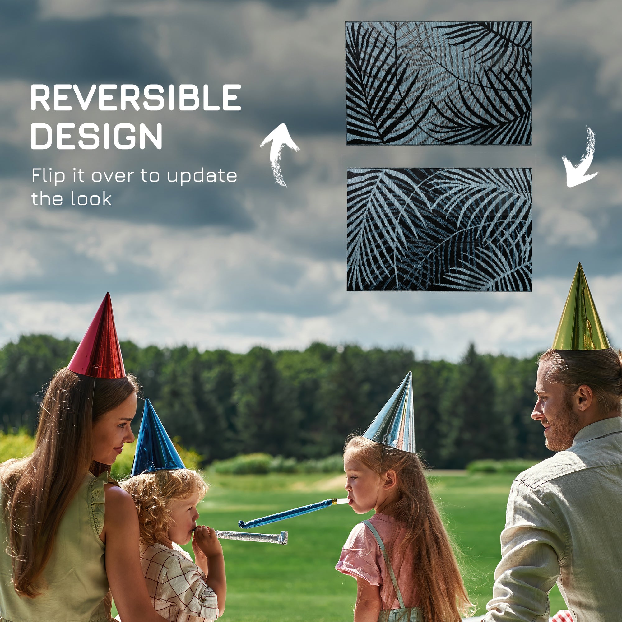 Plastic Straw Reversible RV Outdoor Rug with Carry Bag, 182 x 274cm, Blue and Black