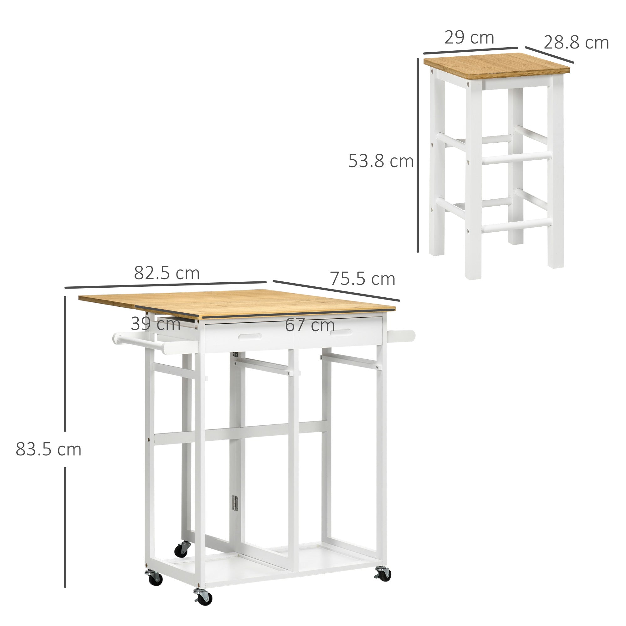 Kitchen Island Set with 2 Bamboo Stools, Drop Leaf Cart with Drawers & Towel Rack - White
