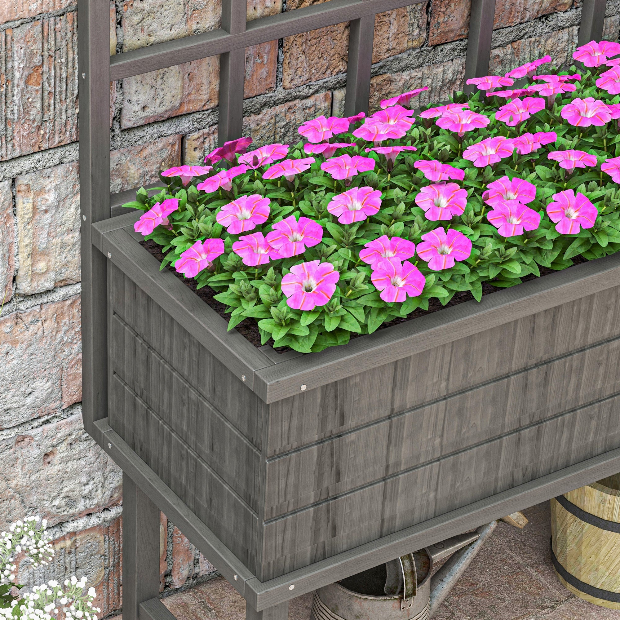 Wooden Raised Planter with Trellis for Vine Climbing Plants, Elevated Garden Bed with Drainage Holes and Bed Liner