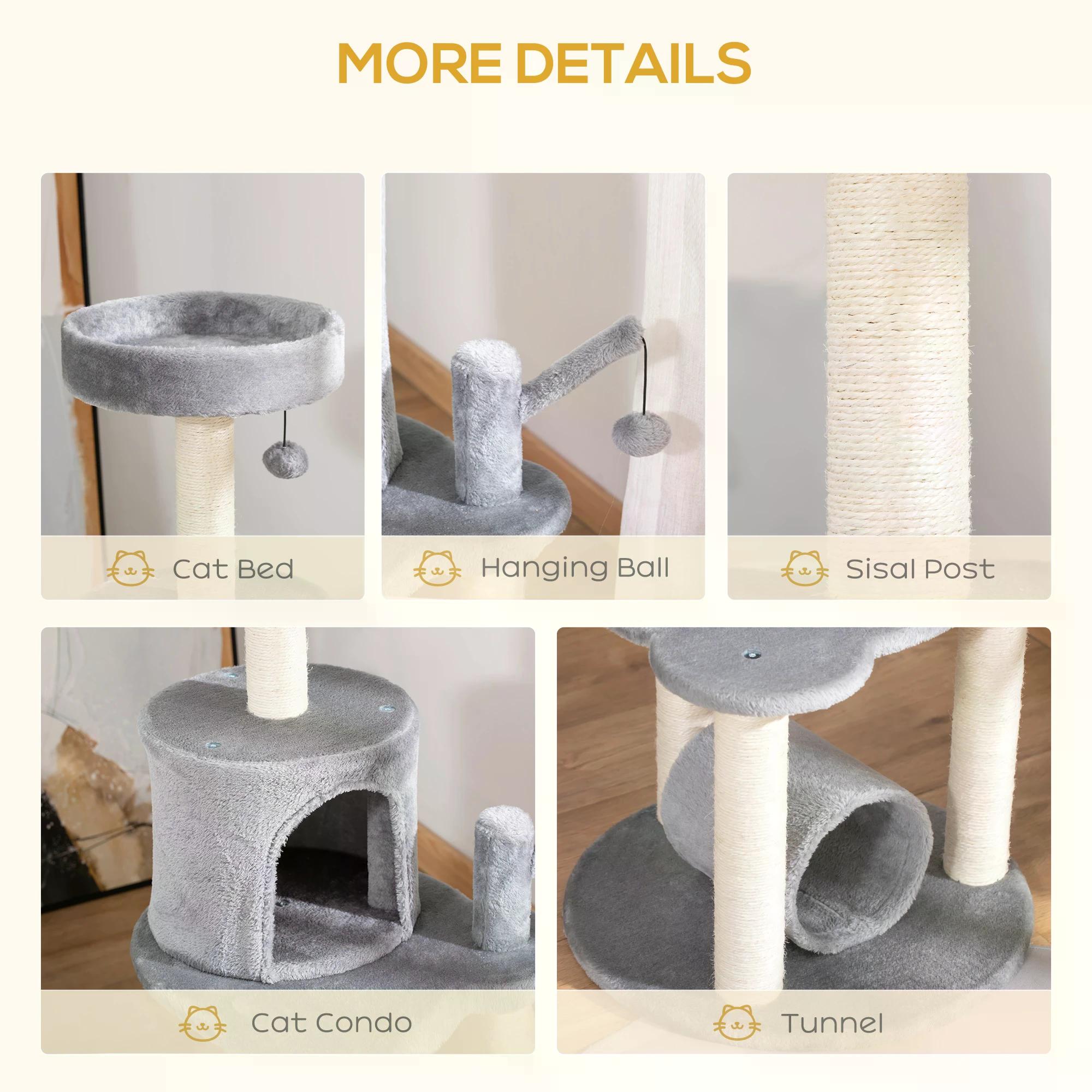 Cat Tree Tower Climbing Activity Center Kitten Furniture with Jute Scratching Post Bed Tunnel Perch Hanging Balls Grey