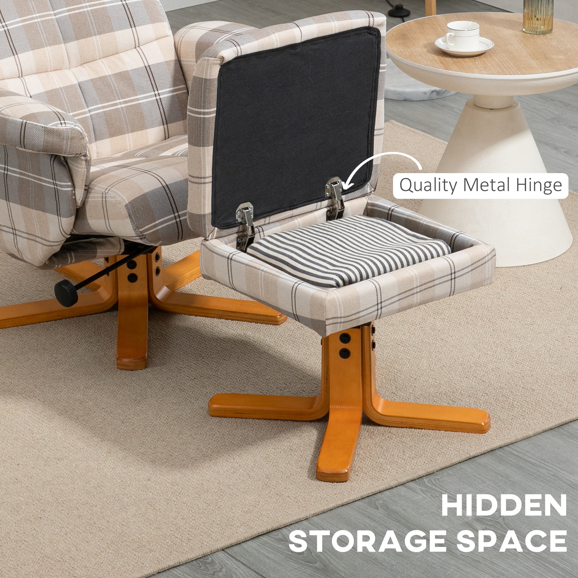 Linen Swivel Recliner Chair with Storage Ottoman and Wooden Base - Multicolour