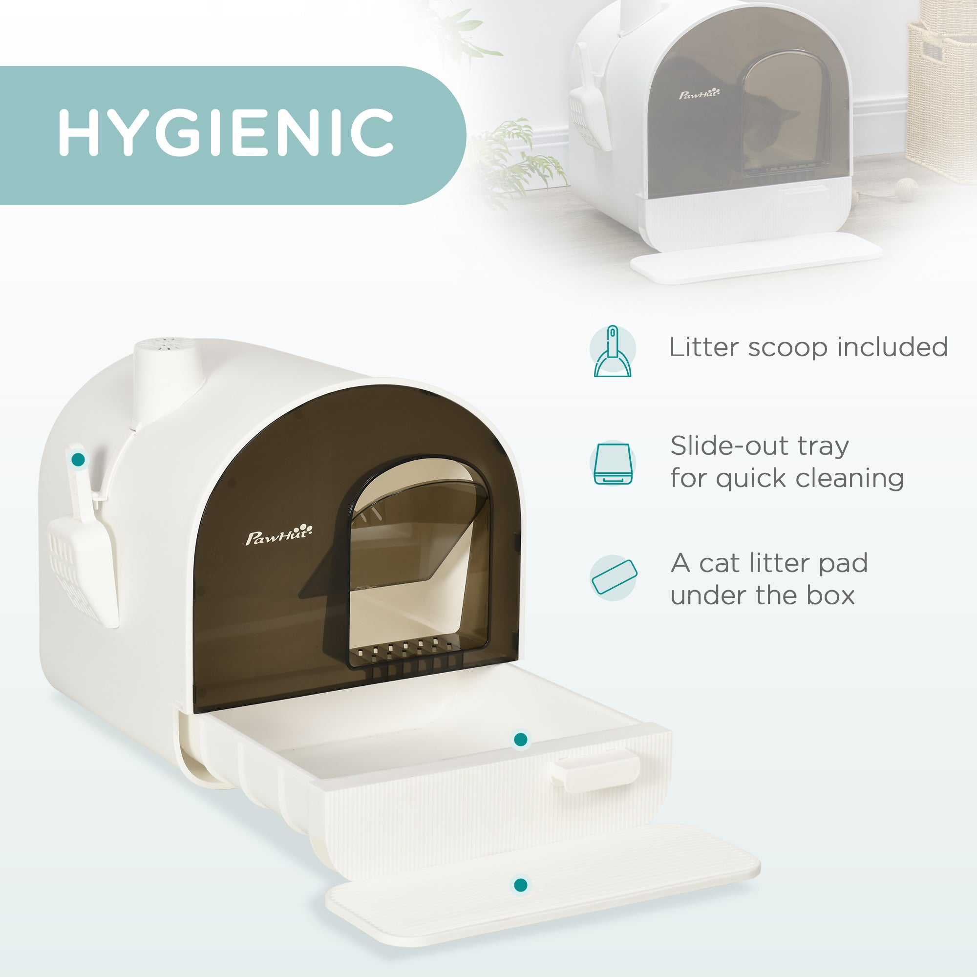 Hooded Cat Litter Box with Lid, Scoop, Filter & Flap Door for Kittens - White